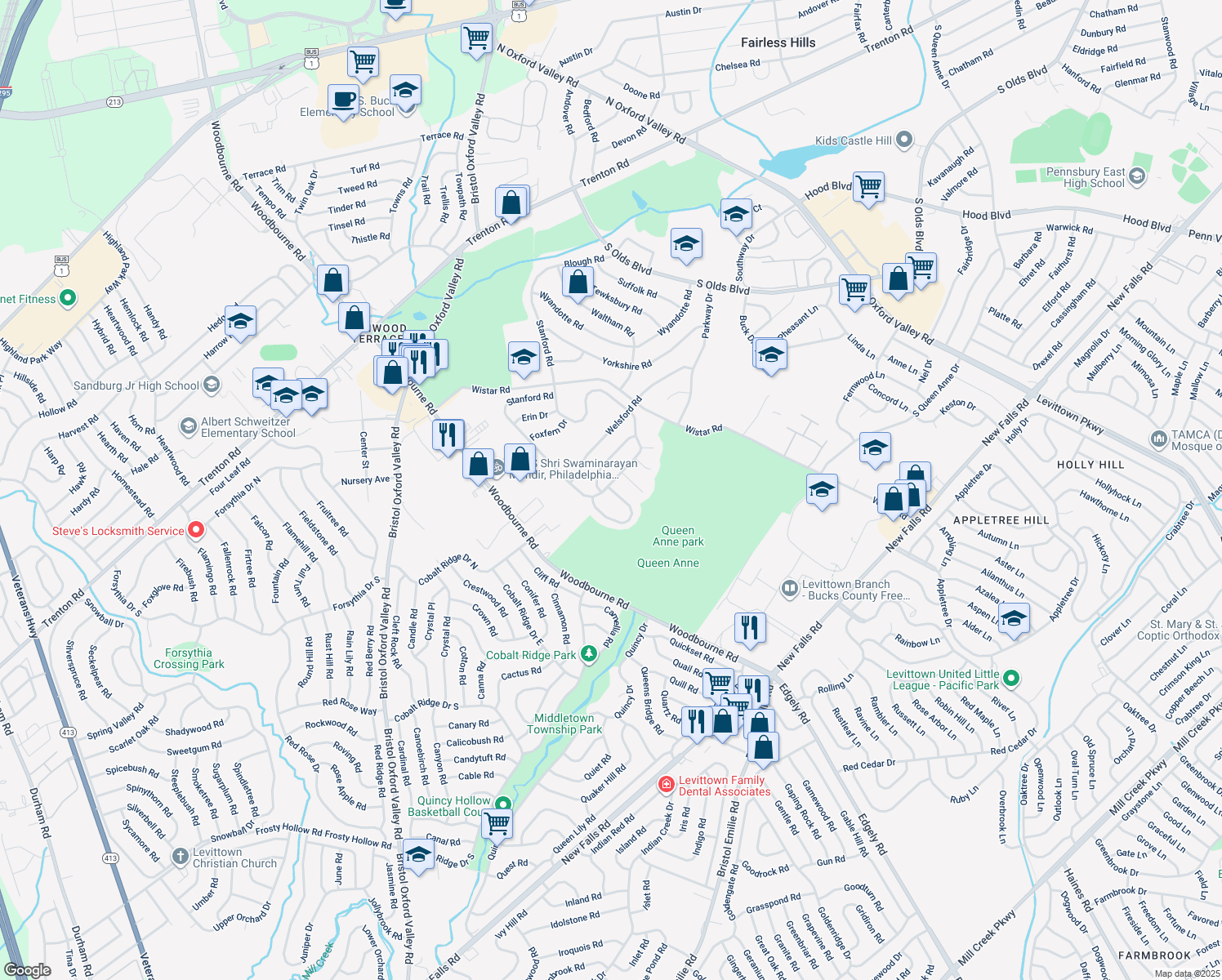 map of restaurants, bars, coffee shops, grocery stores, and more near 5 Perennial Drive in Fairless Hills