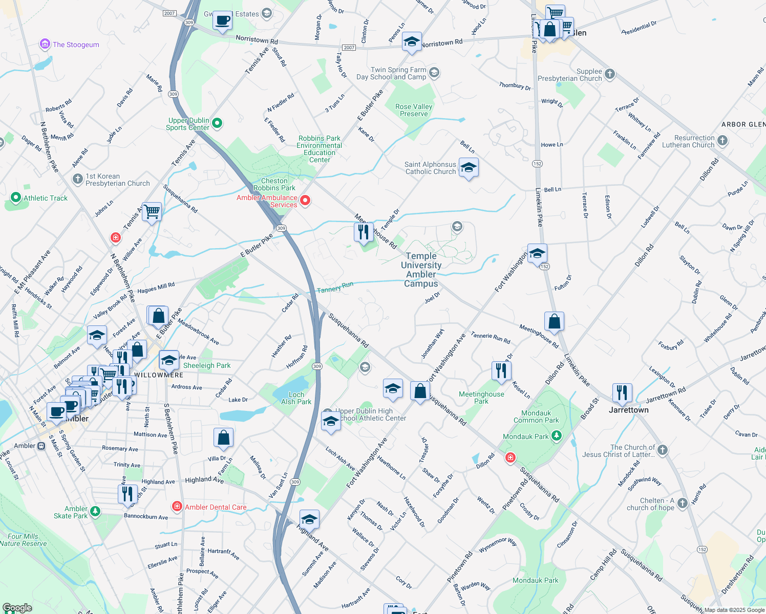 map of restaurants, bars, coffee shops, grocery stores, and more near 2400 Honey Run Rd in Ambler