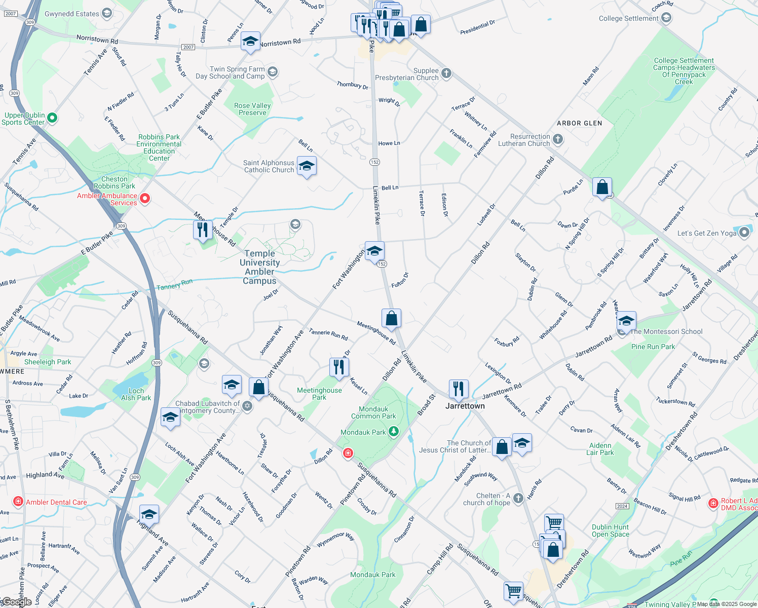 map of restaurants, bars, coffee shops, grocery stores, and more near 1115 Limekiln Pike in Ambler