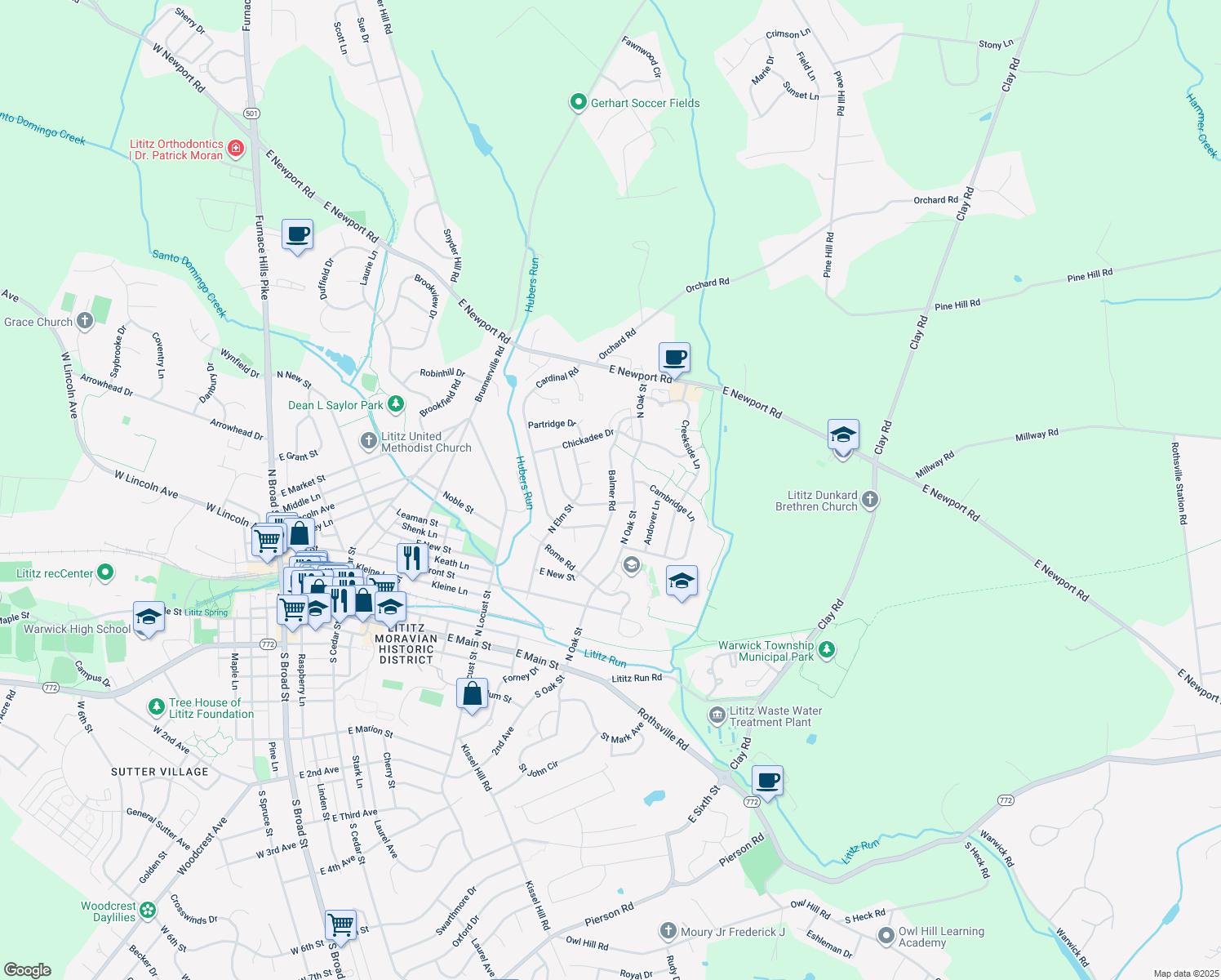 map of restaurants, bars, coffee shops, grocery stores, and more near 334 Balmer Rd in Lititz