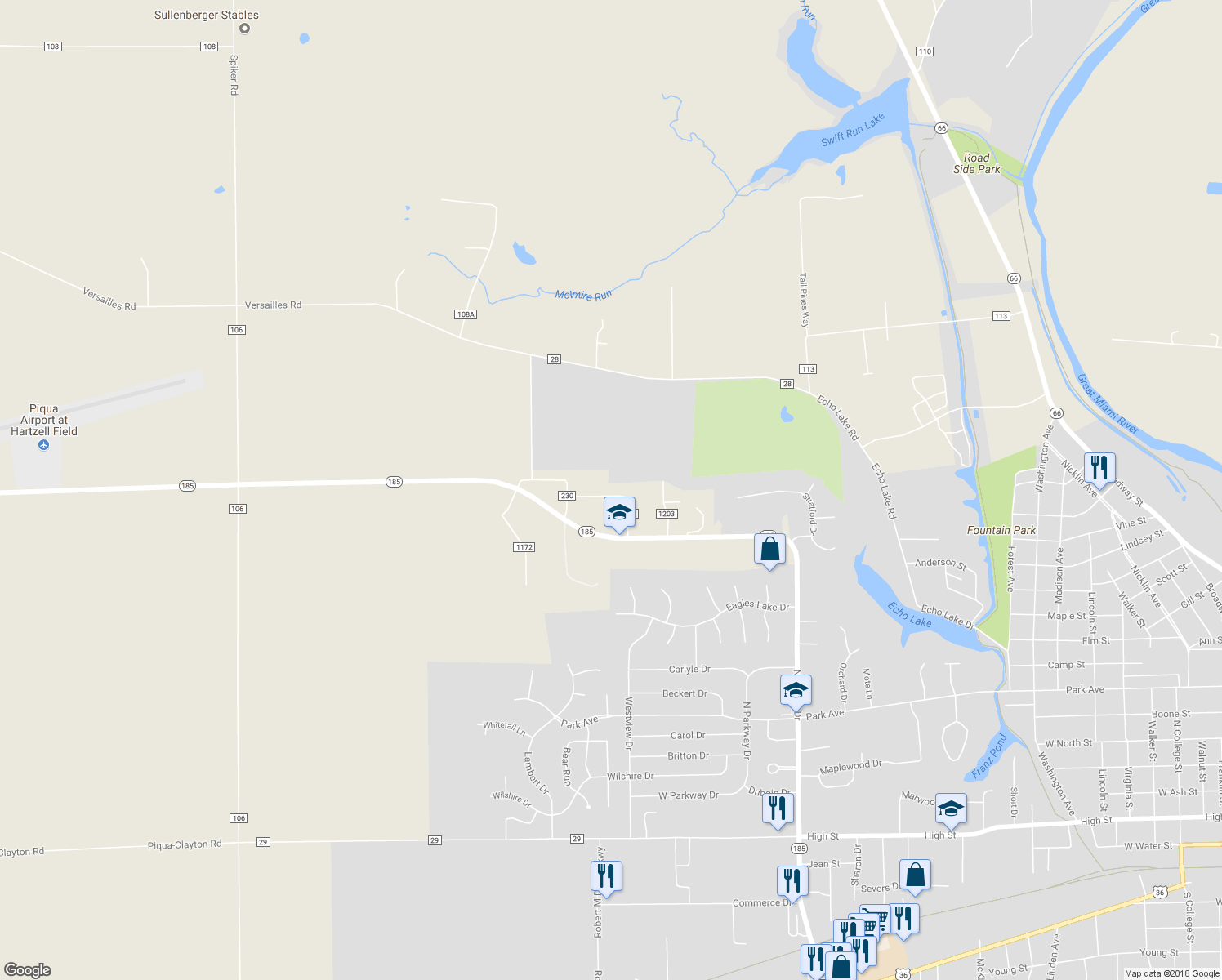 map of restaurants, bars, coffee shops, grocery stores, and more near 4015 Camelot Road in Piqua