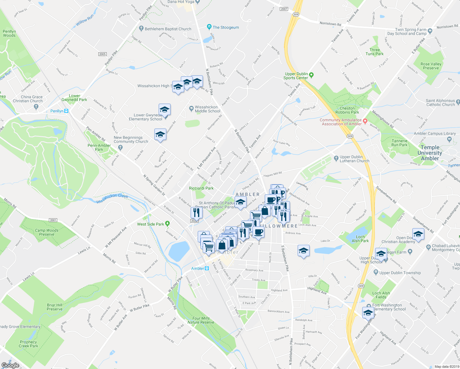 map of restaurants, bars, coffee shops, grocery stores, and more near 331 Edgewood Drive in Ambler
