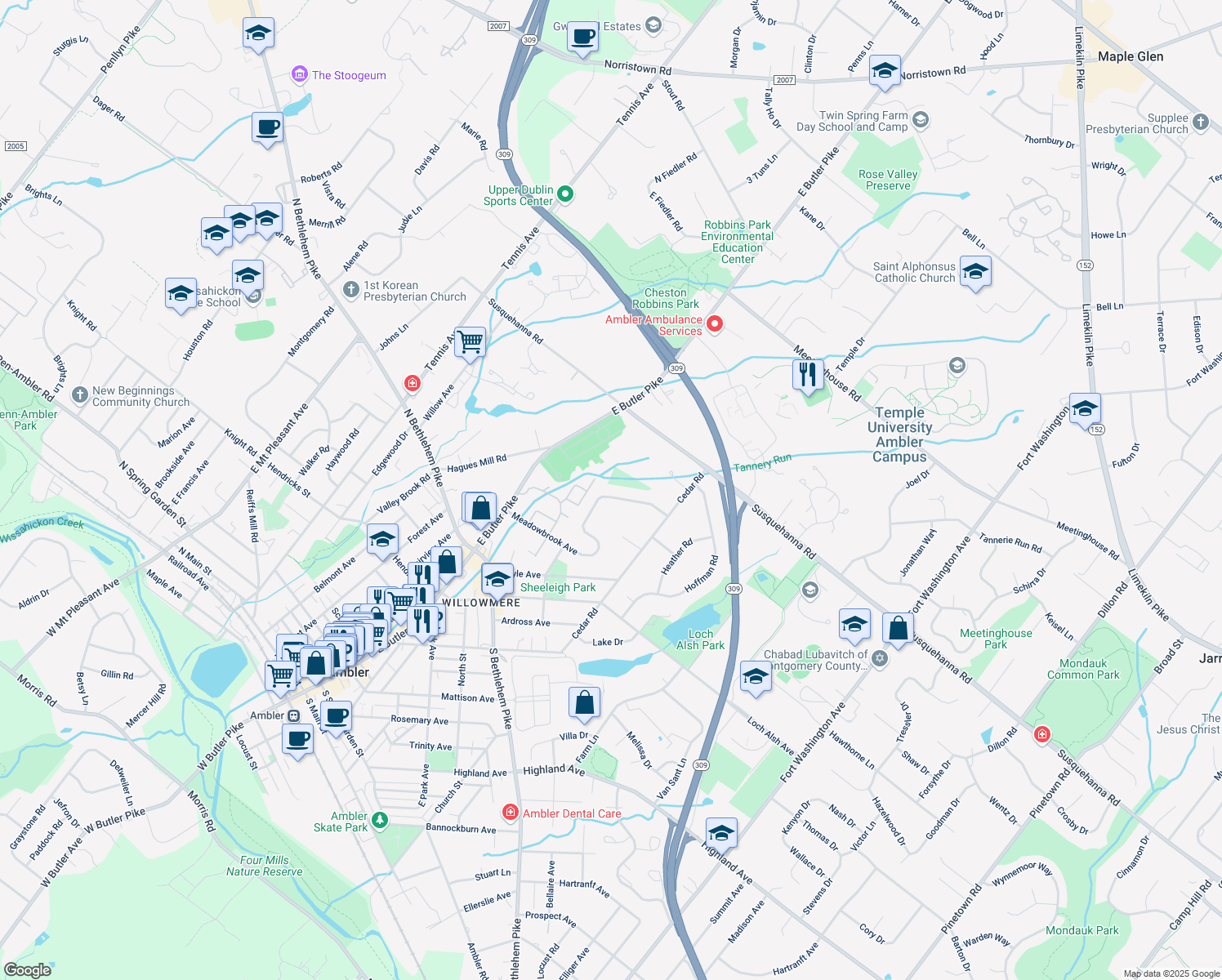 map of restaurants, bars, coffee shops, grocery stores, and more near 654 Meadowbrook Avenue in Ambler