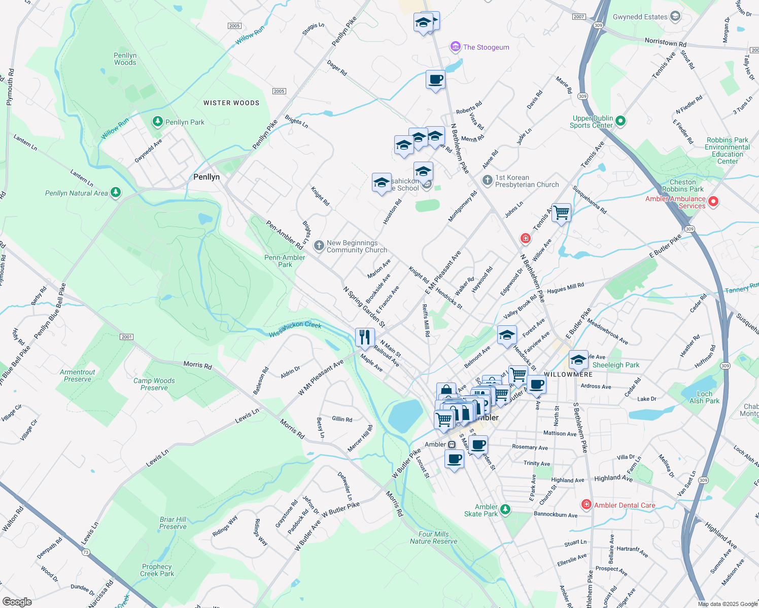map of restaurants, bars, coffee shops, grocery stores, and more near 411 East Francis Avenue in Ambler