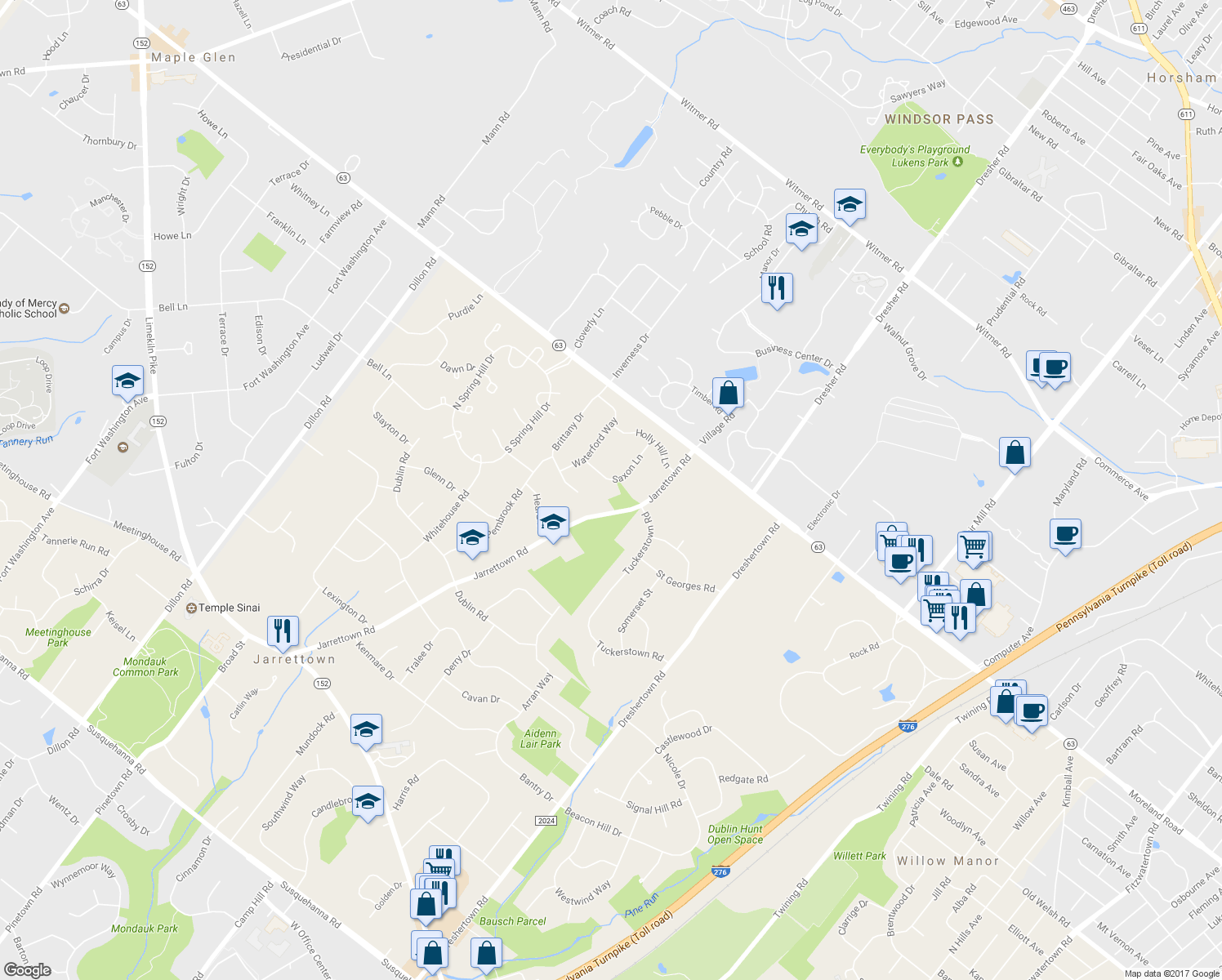 map of restaurants, bars, coffee shops, grocery stores, and more near 1813 Saxon Lane in Maple Glen