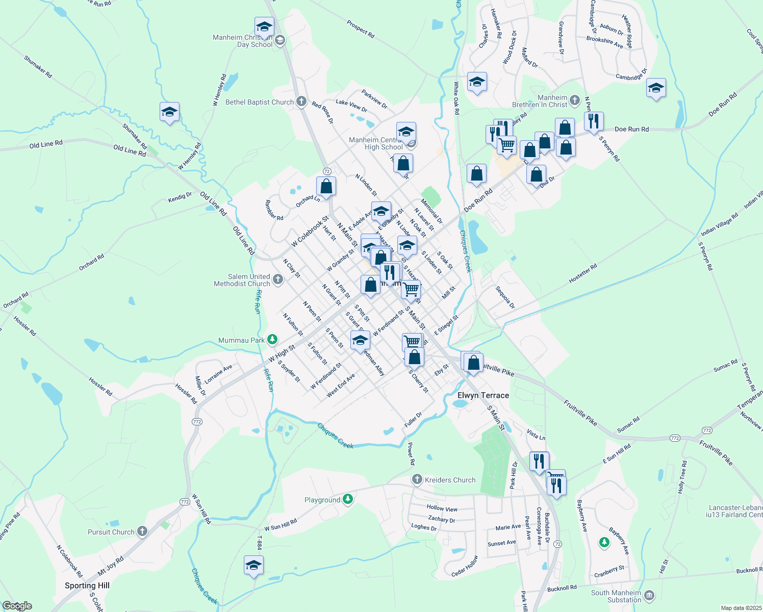 map of restaurants, bars, coffee shops, grocery stores, and more near 41 South Charlotte Street in Manheim