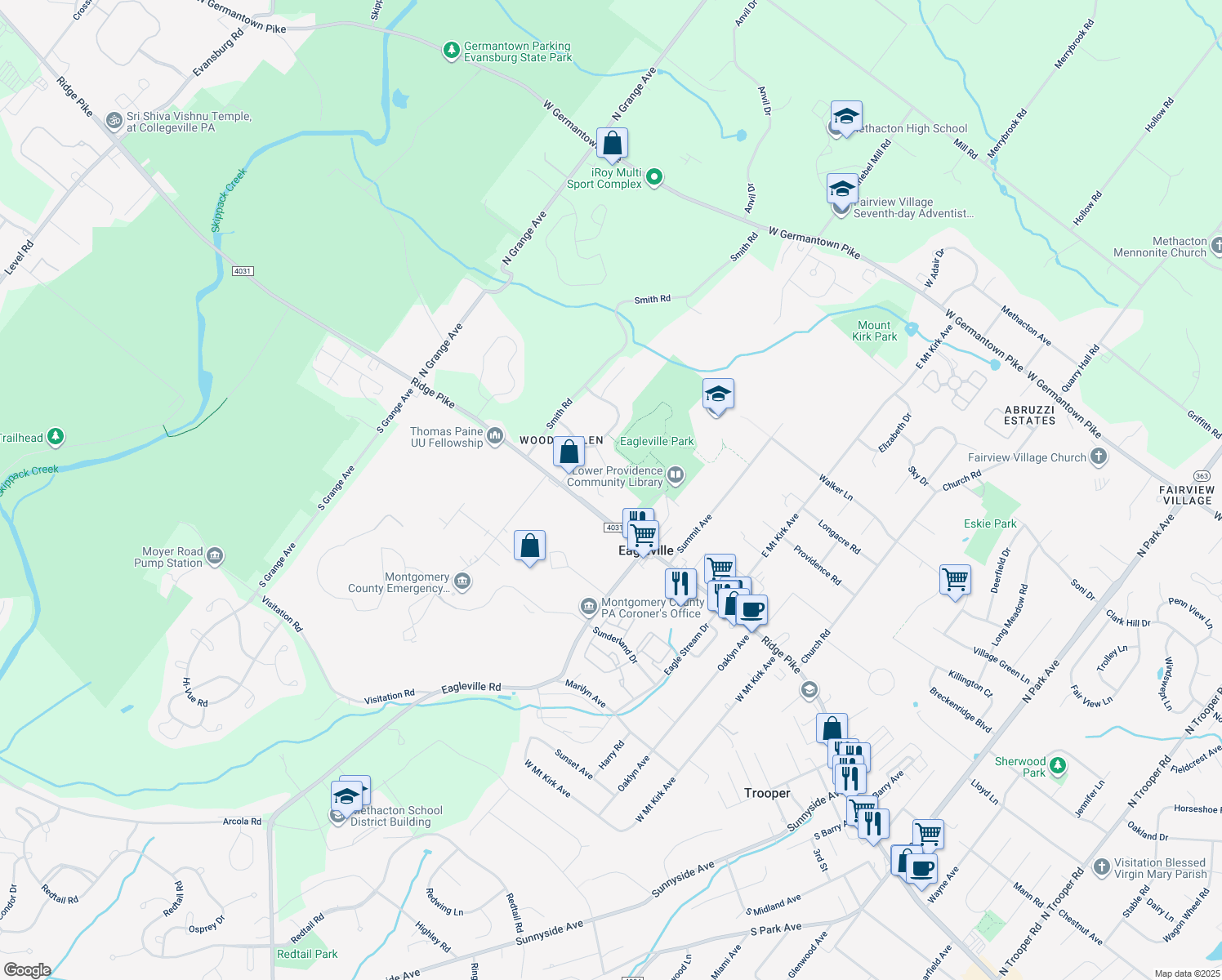 map of restaurants, bars, coffee shops, grocery stores, and more near 4013 Bittersweet Circle in Collegeville