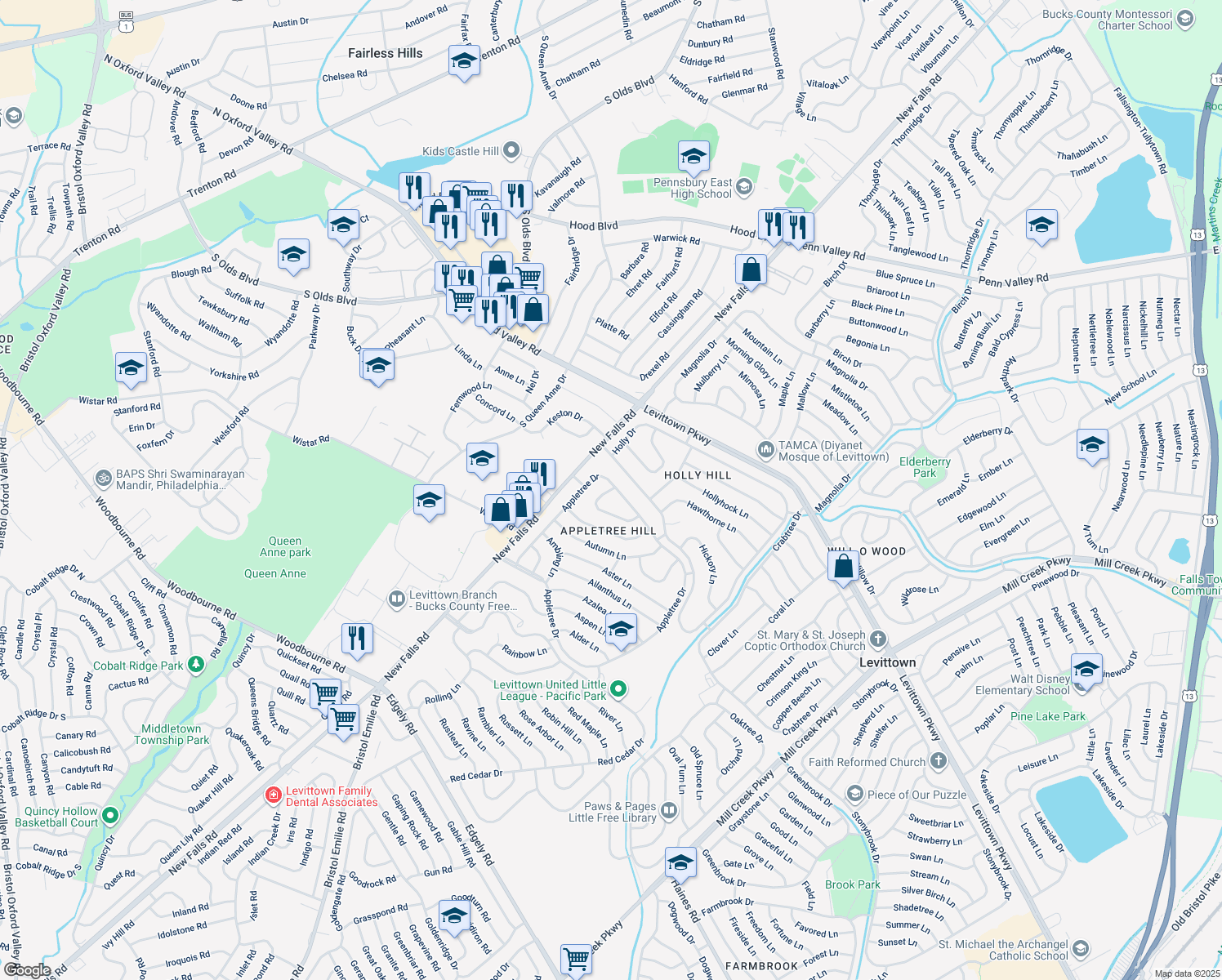 map of restaurants, bars, coffee shops, grocery stores, and more near 45 Almond Lane in Levittown