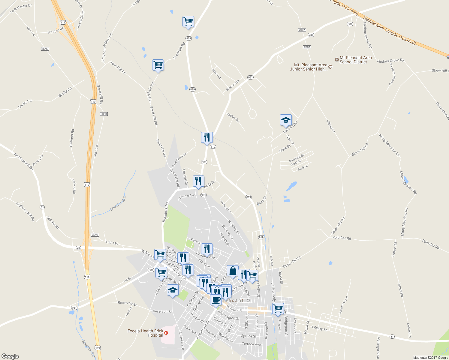 map of restaurants, bars, coffee shops, grocery stores, and more near 6961 Pennsylvania 819 in Mount Pleasant