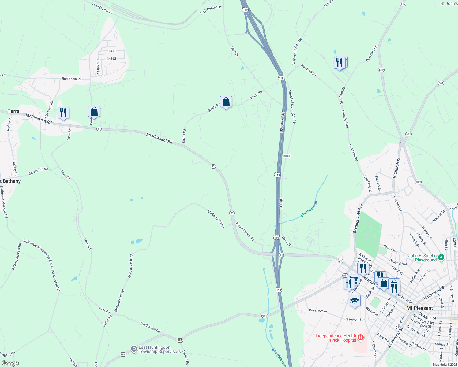 map of restaurants, bars, coffee shops, grocery stores, and more near 1327 Pennsylvania 31 in Mount Pleasant