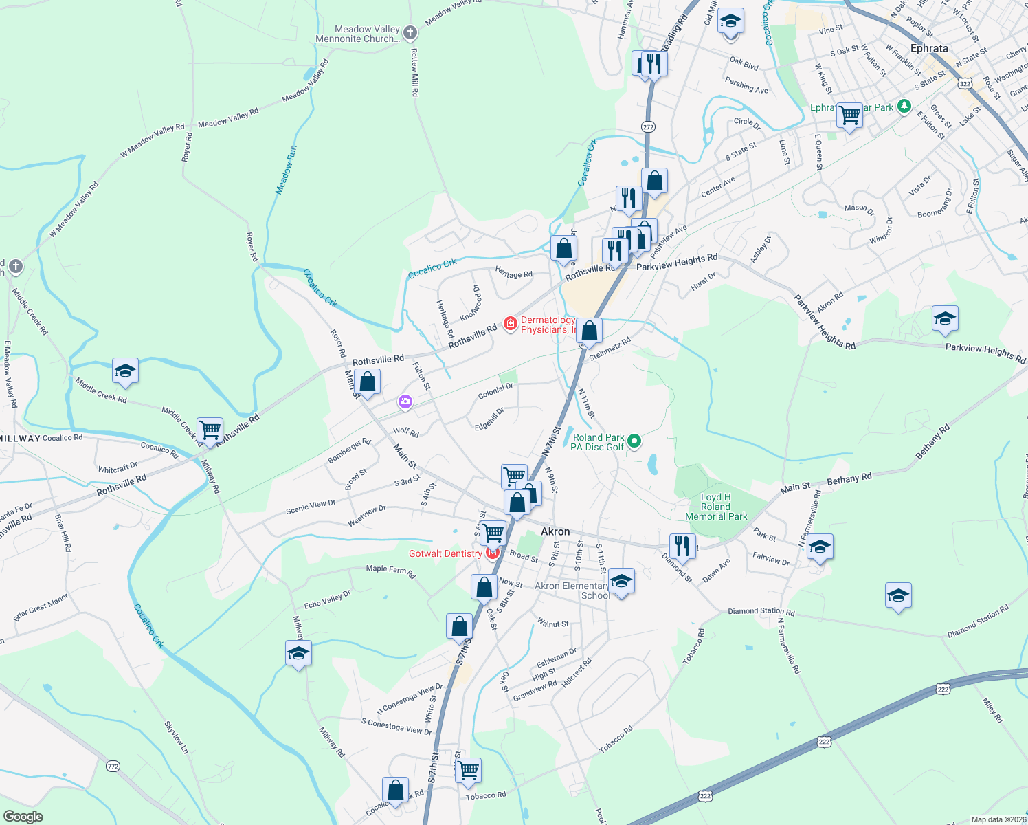 map of restaurants, bars, coffee shops, grocery stores, and more near 302 Manor Ridge Drive in Akron