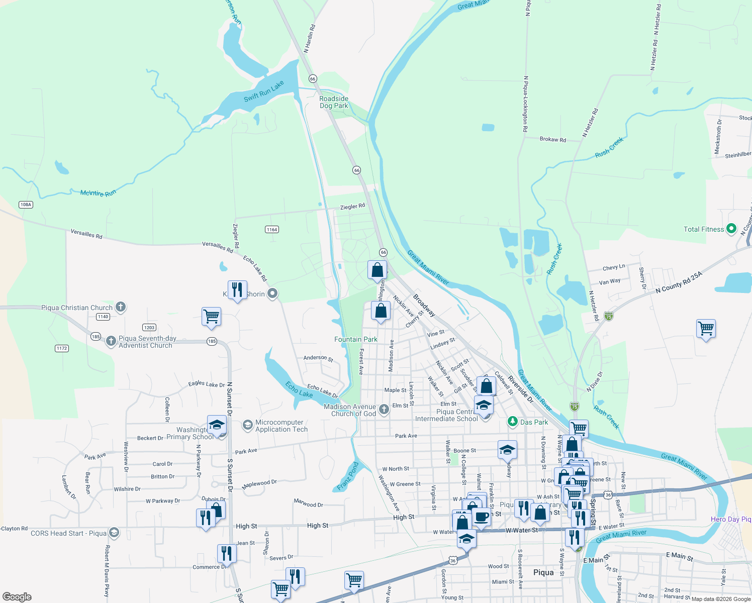 map of restaurants, bars, coffee shops, grocery stores, and more near 1606 Washington Ave in Piqua