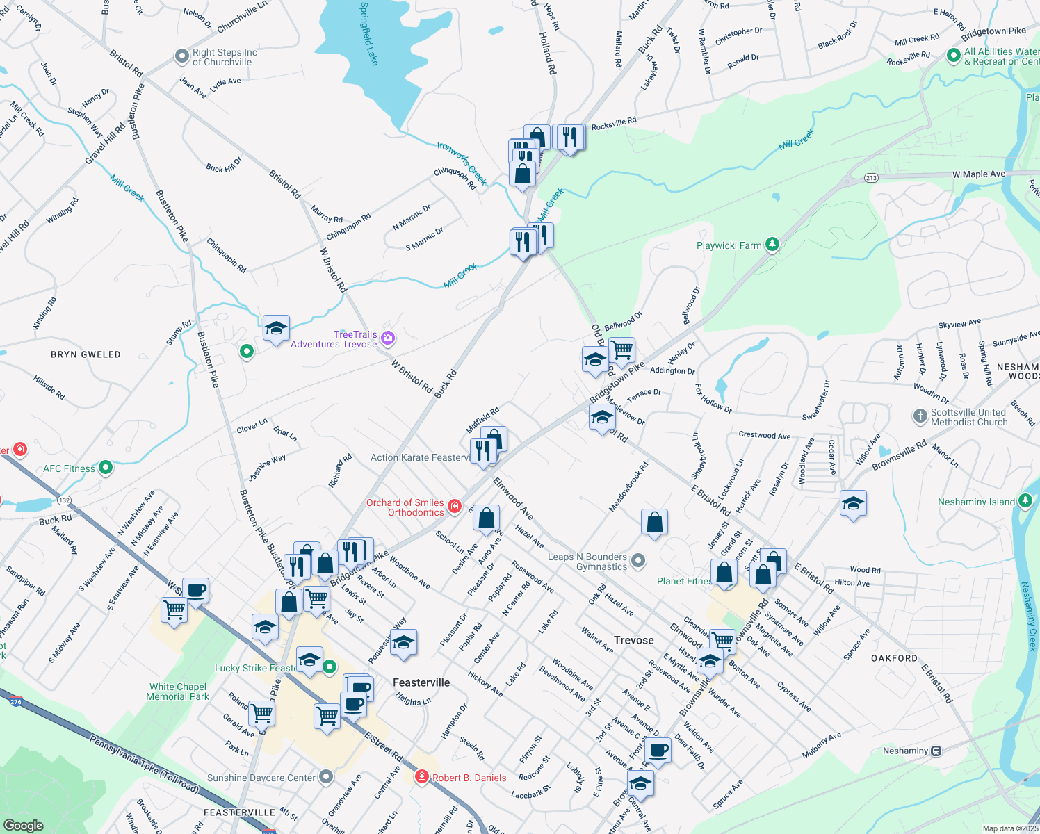 map of restaurants, bars, coffee shops, grocery stores, and more near 34 West Endfield Road in Feasterville-Trevose
