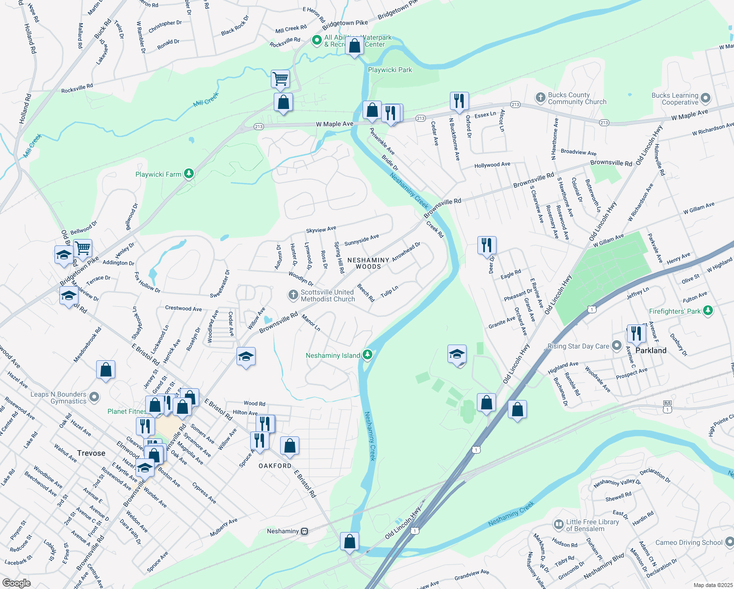 map of restaurants, bars, coffee shops, grocery stores, and more near 822 Beech Road in Feasterville-Trevose