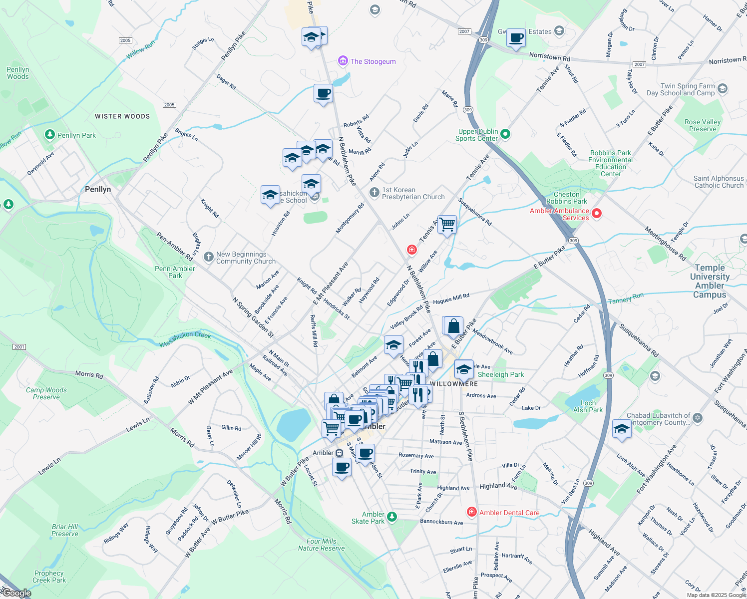 map of restaurants, bars, coffee shops, grocery stores, and more near 411 Tennis Avenue in Ambler