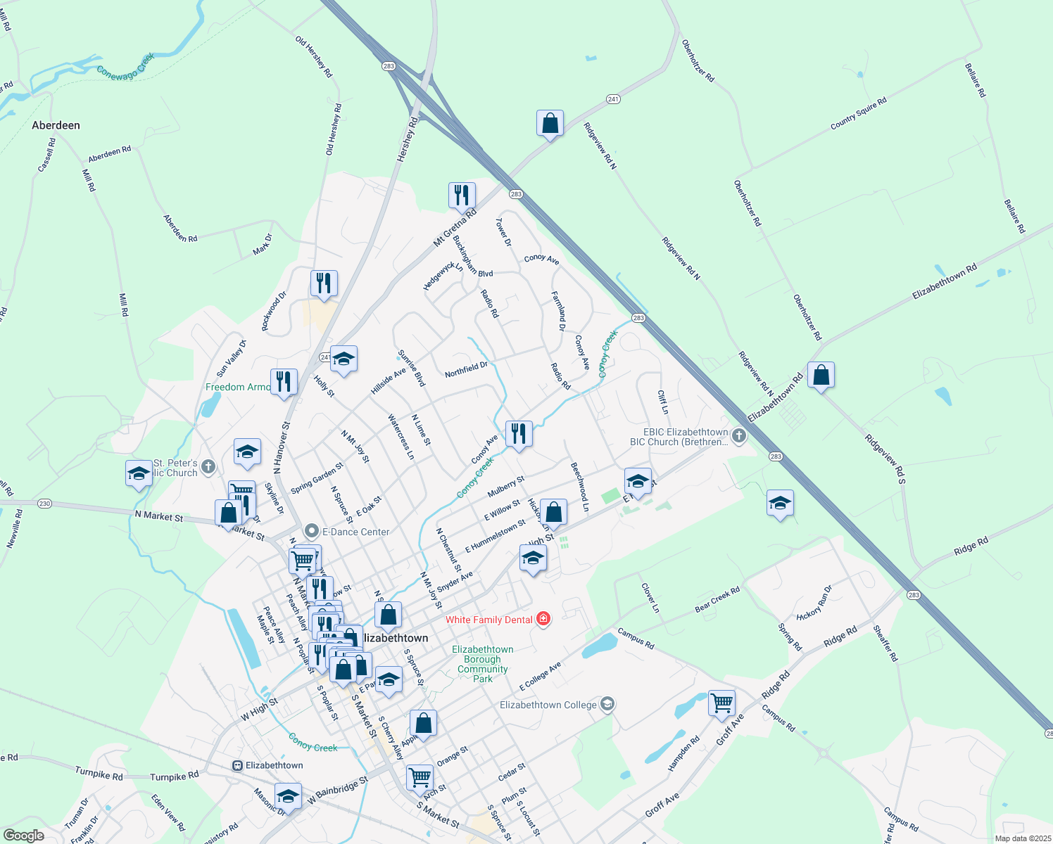 map of restaurants, bars, coffee shops, grocery stores, and more near 106 Conoy Avenue in Elizabethtown