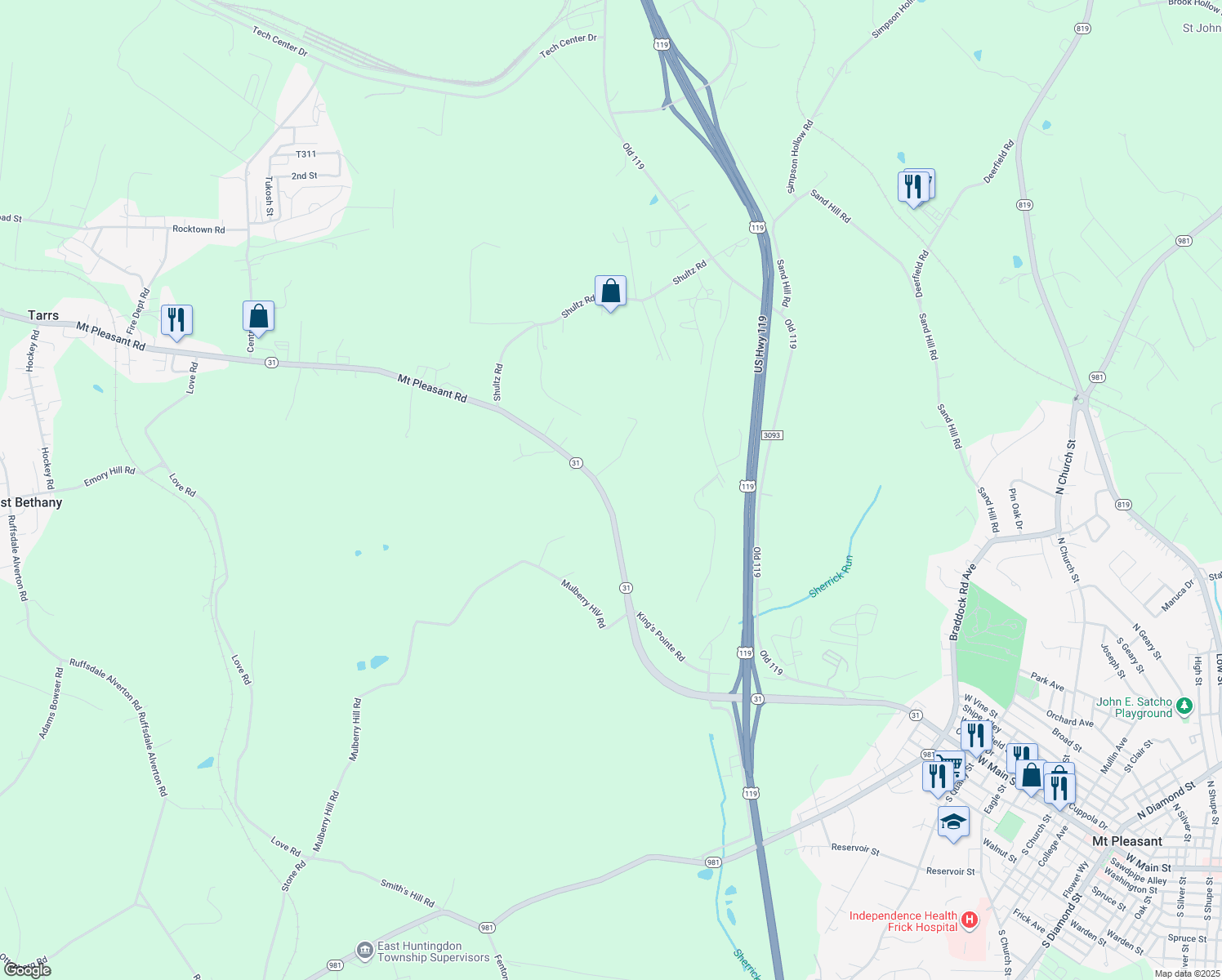 map of restaurants, bars, coffee shops, grocery stores, and more near 1327 Pennsylvania 31 in Mount Pleasant