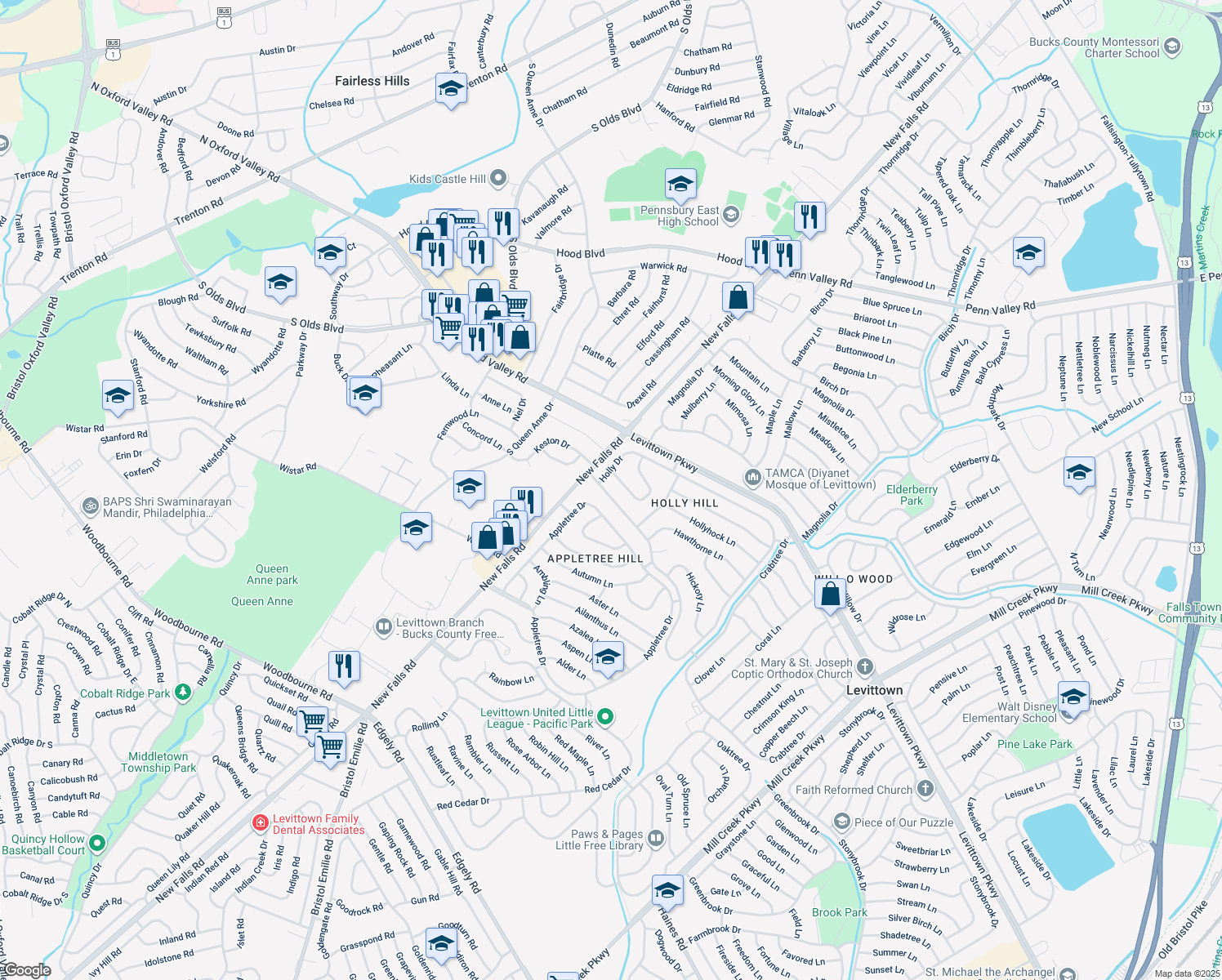 map of restaurants, bars, coffee shops, grocery stores, and more near 15 Holly Drive in Levittown