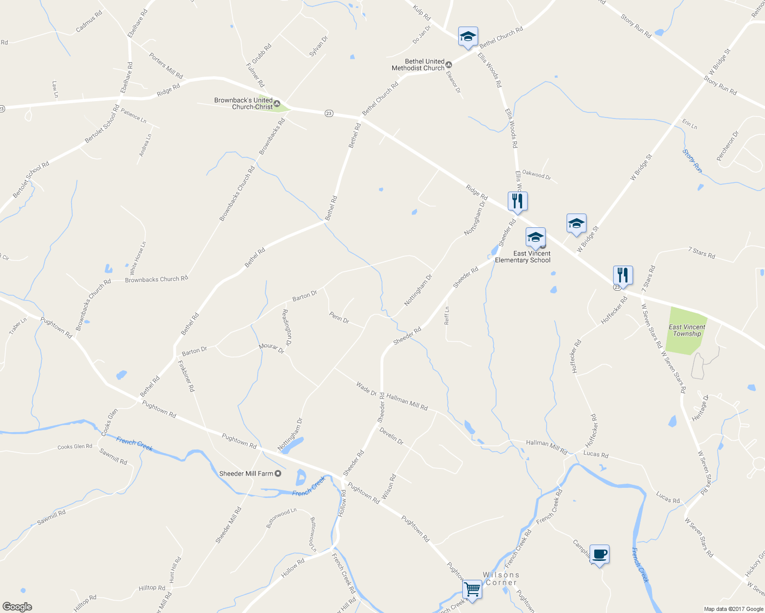 map of restaurants, bars, coffee shops, grocery stores, and more near 205 Nottingham Drive in Spring City