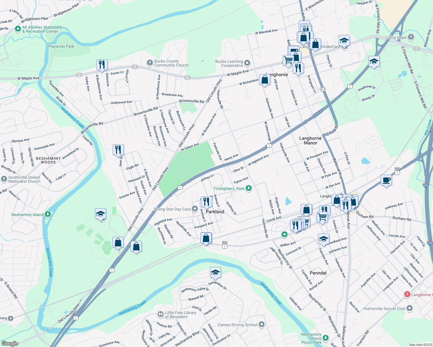 map of restaurants, bars, coffee shops, grocery stores, and more near 919 Jeffrey Lane in Langhorne