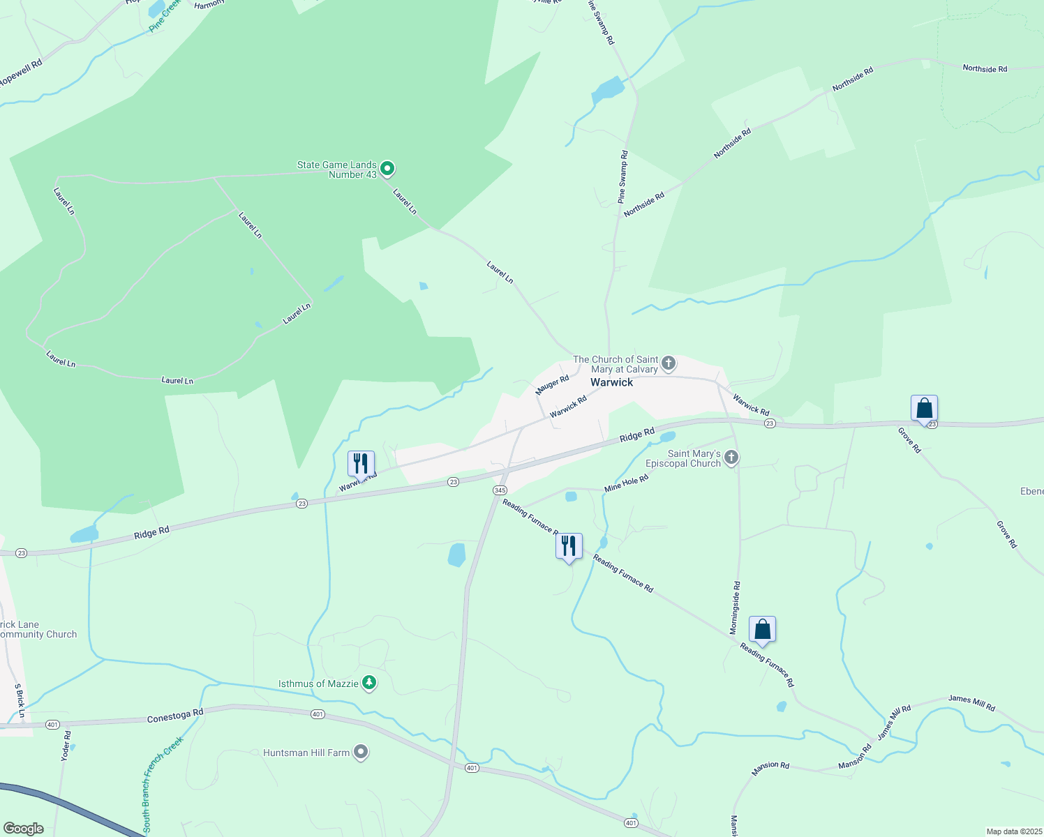 map of restaurants, bars, coffee shops, grocery stores, and more near 255 Warwick Rd in Elverson