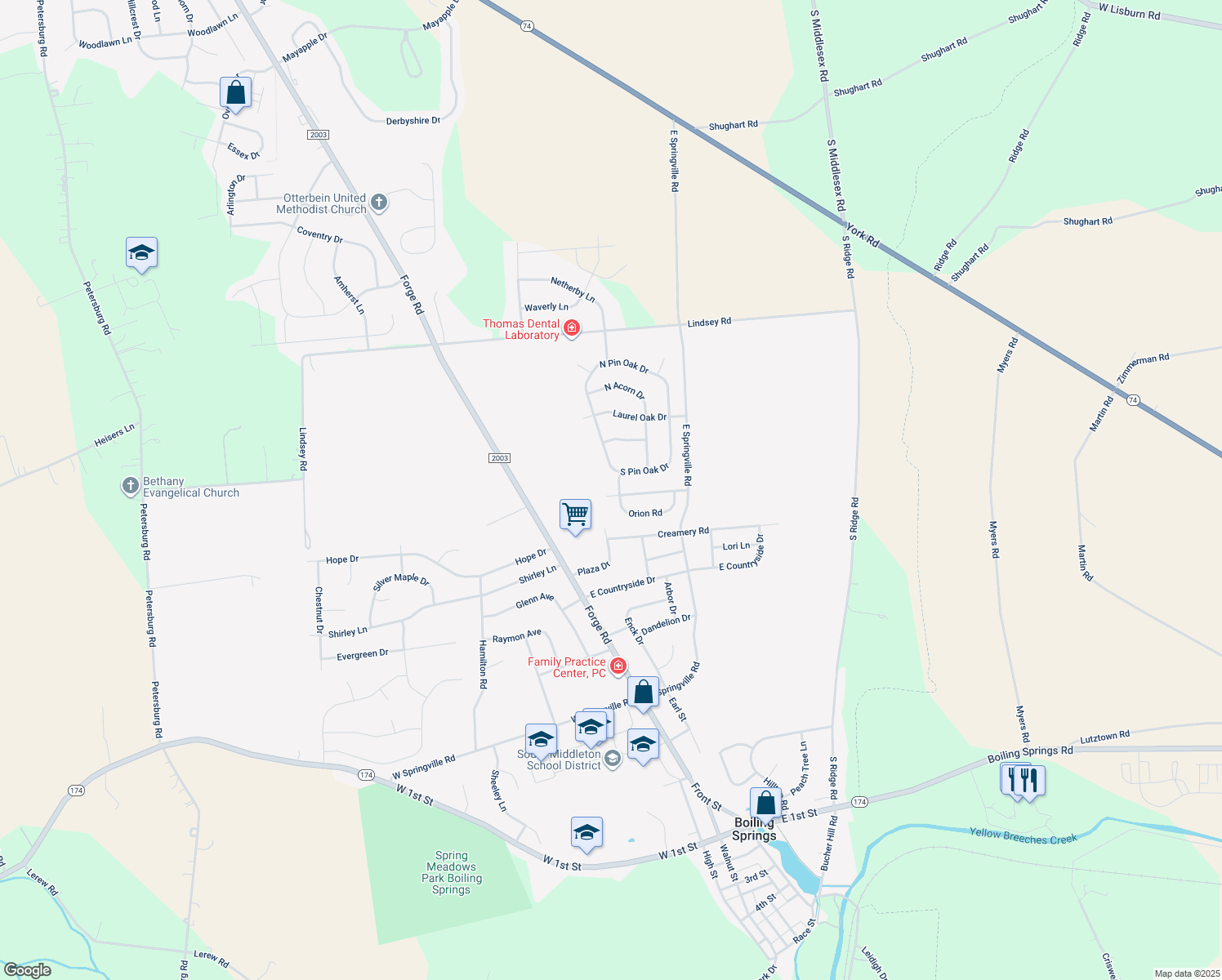 map of restaurants, bars, coffee shops, grocery stores, and more near 14 Southern Cross Drive in Boiling Springs