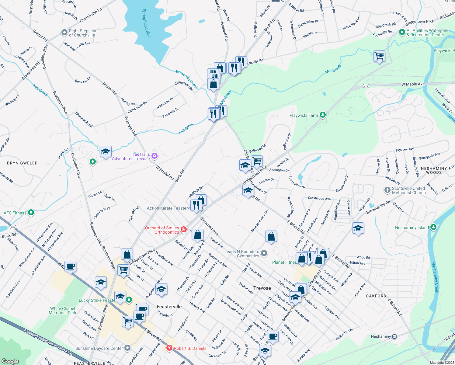 map of restaurants, bars, coffee shops, grocery stores, and more near 1940 Melissa Drive in Feasterville-Trevose
