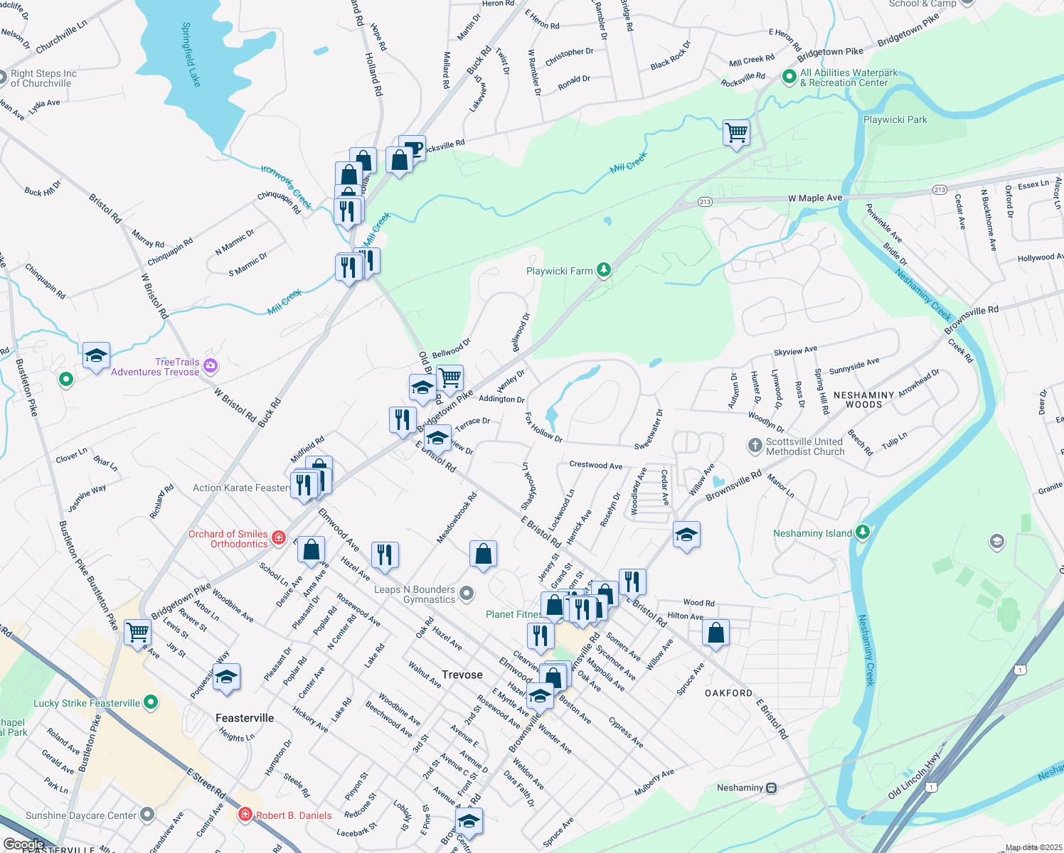 map of restaurants, bars, coffee shops, grocery stores, and more near 135 Fox Hollow Drive in Feasterville-Trevose