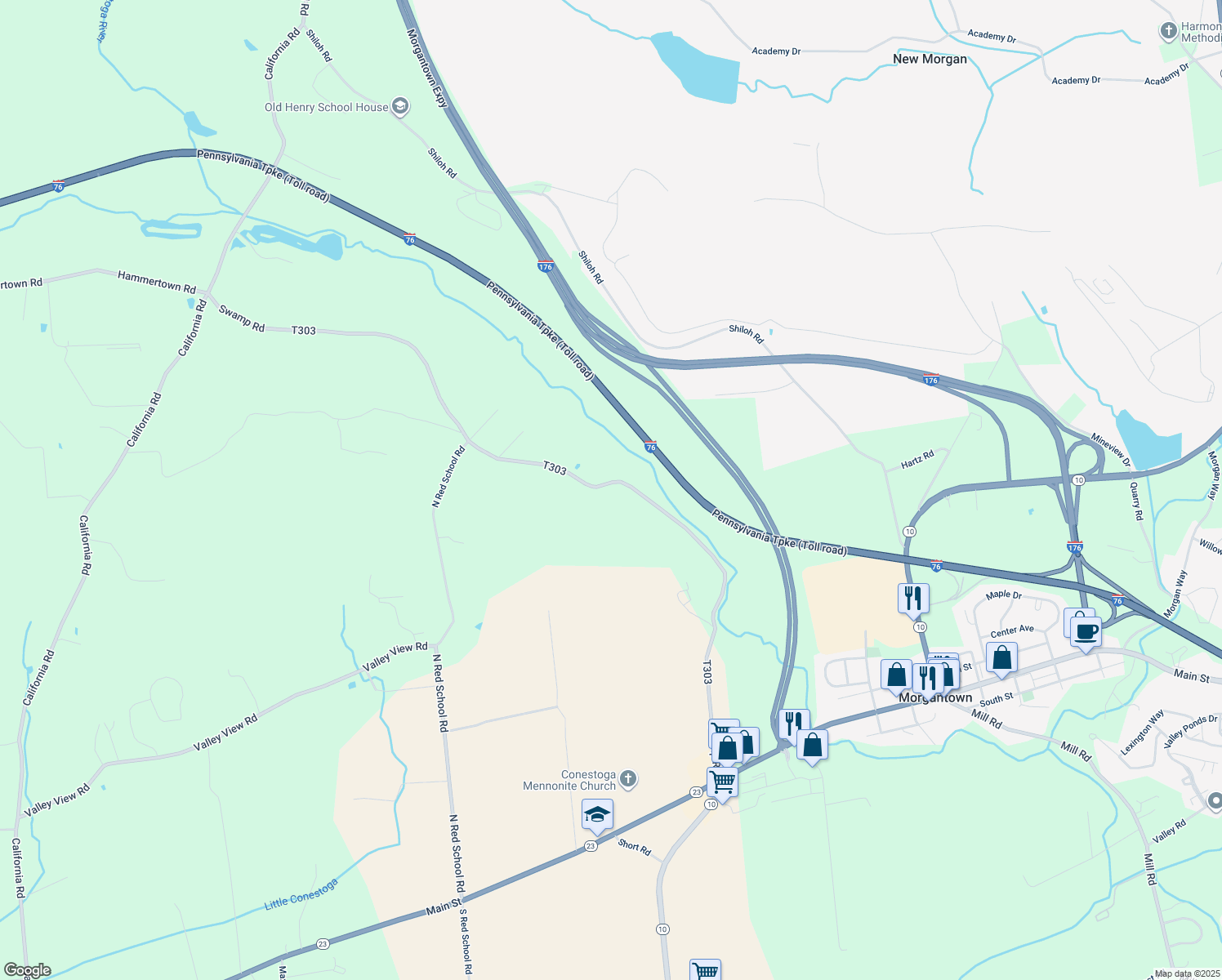 map of restaurants, bars, coffee shops, grocery stores, and more near 316 Swamp Road in Morgantown