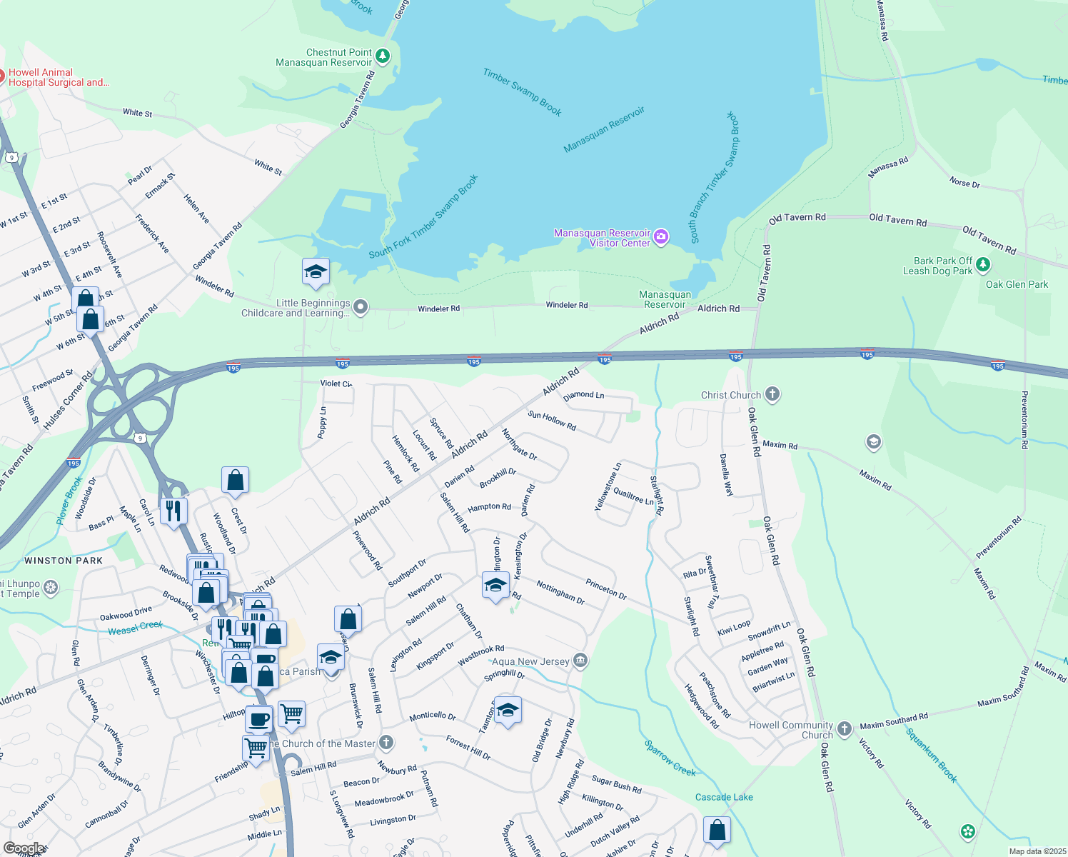 map of restaurants, bars, coffee shops, grocery stores, and more near 43 Darien Rd in Howell