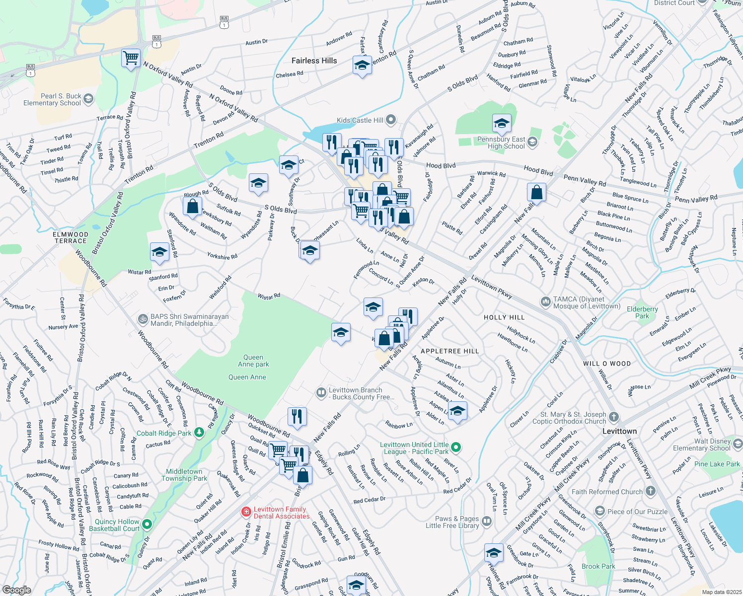 map of restaurants, bars, coffee shops, grocery stores, and more near 635 South Queen Anne Drive in Fairless Hills