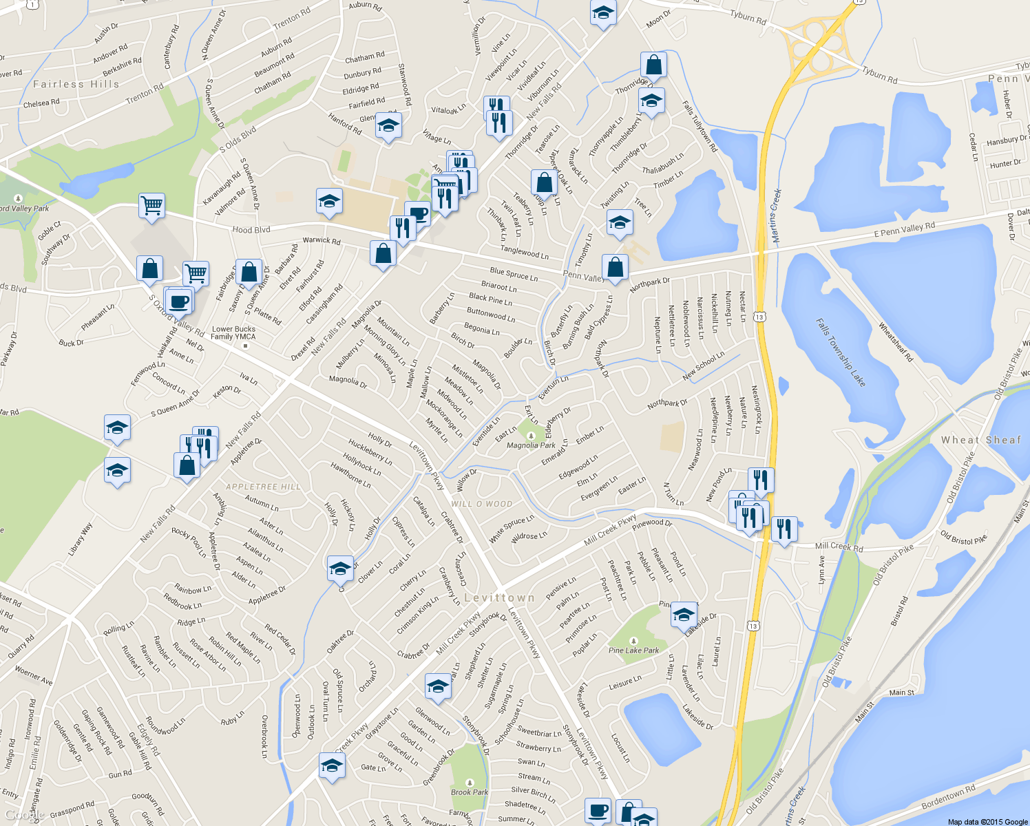 map of restaurants, bars, coffee shops, grocery stores, and more near 104 Eventide Ln in Levittown