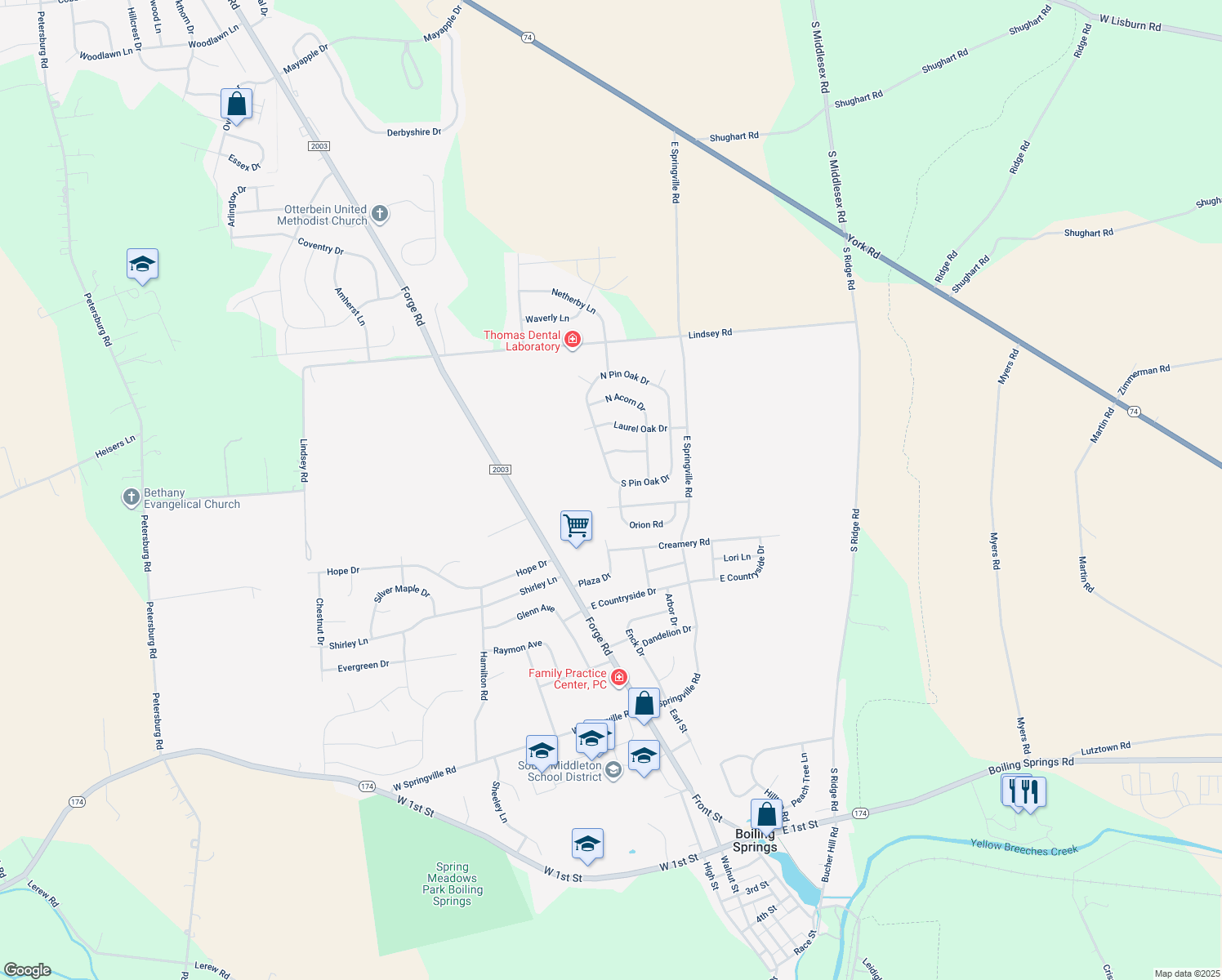 map of restaurants, bars, coffee shops, grocery stores, and more near 51 South Pin Oak Drive in Boiling Springs