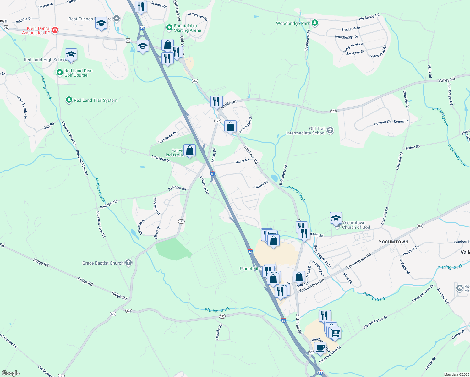 map of restaurants, bars, coffee shops, grocery stores, and more near 665 Woodward Dr in Etters