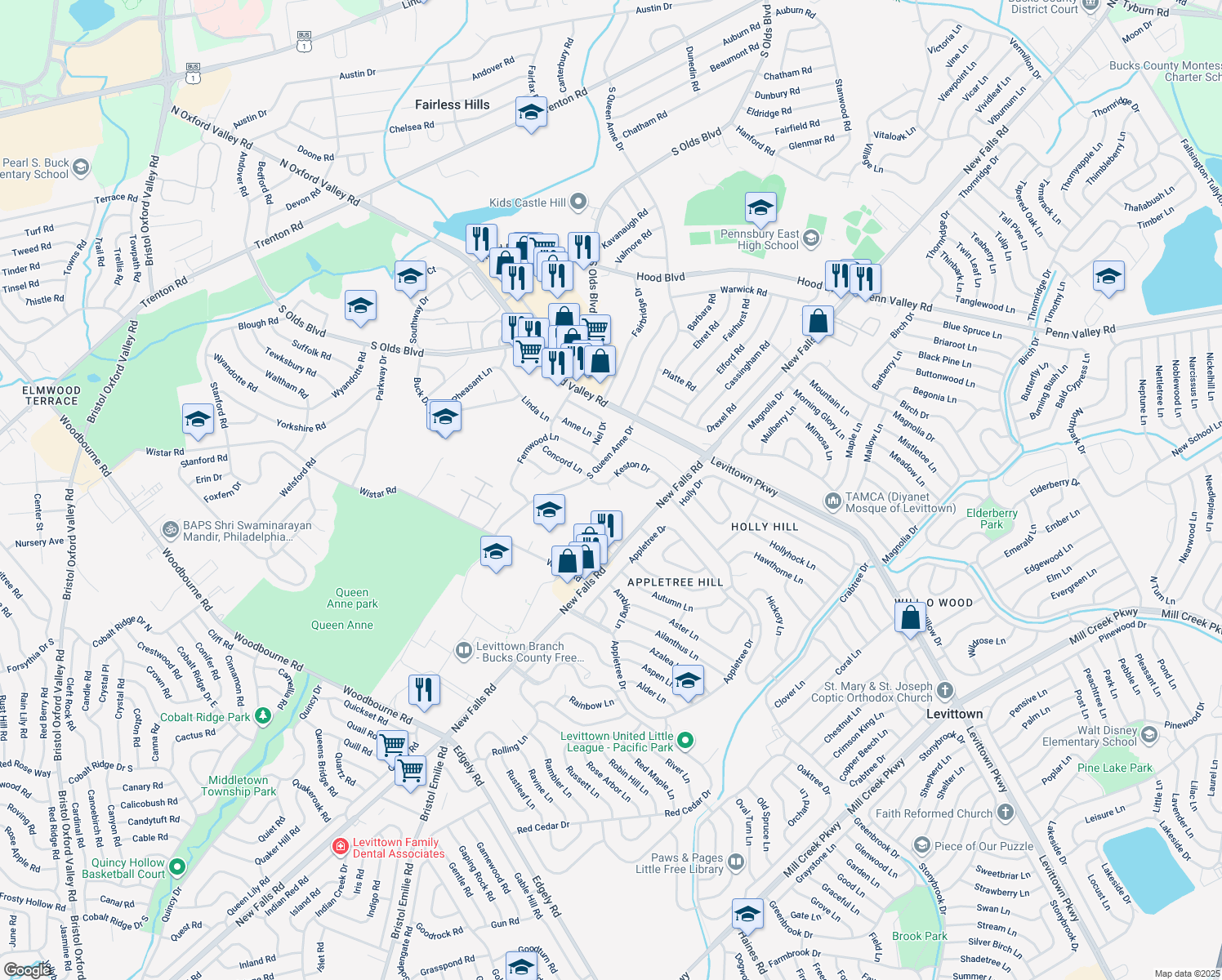 map of restaurants, bars, coffee shops, grocery stores, and more near 606 Keston Court in Fairless Hills