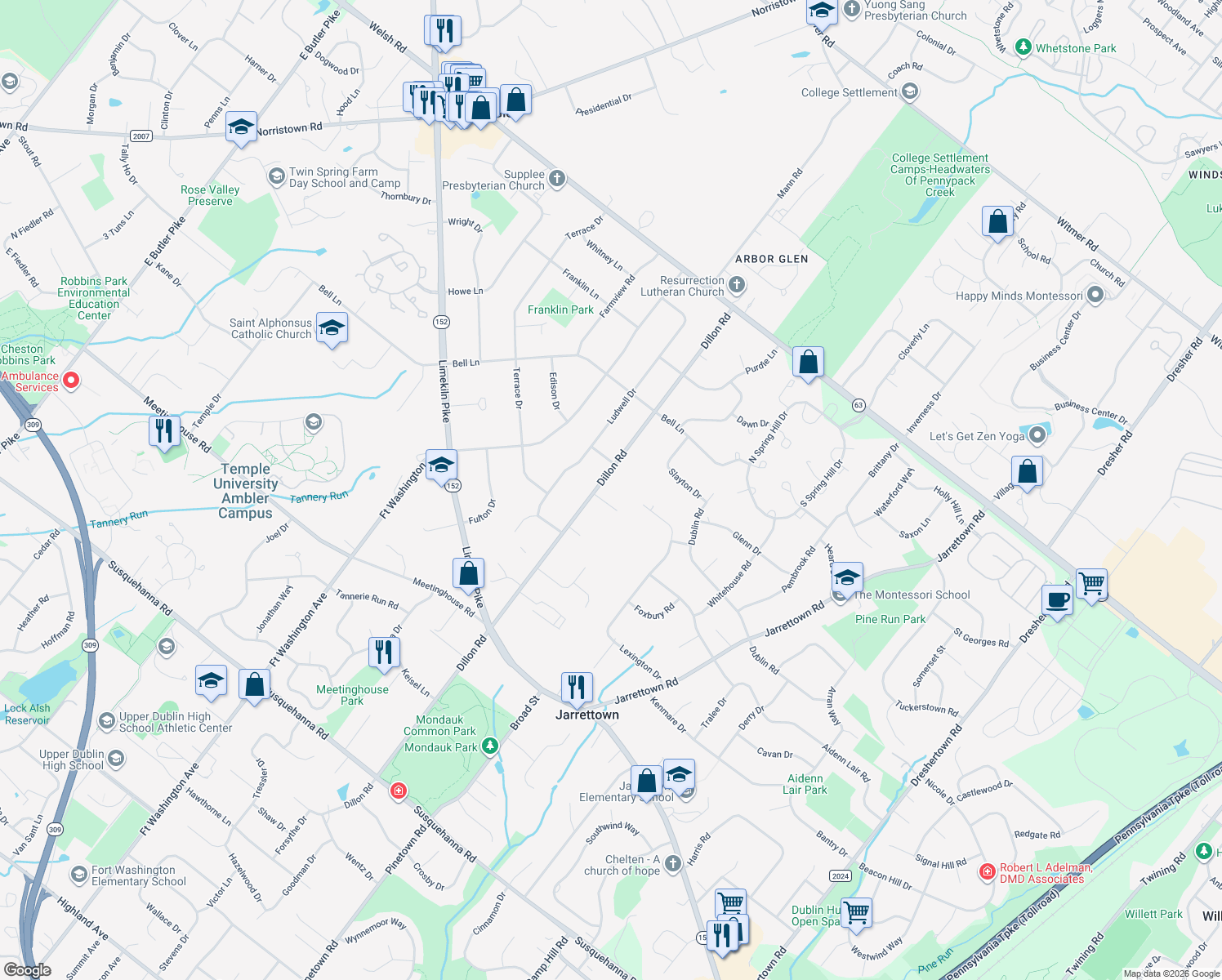 map of restaurants, bars, coffee shops, grocery stores, and more near 1643 Dillon Rd in Maple Glen