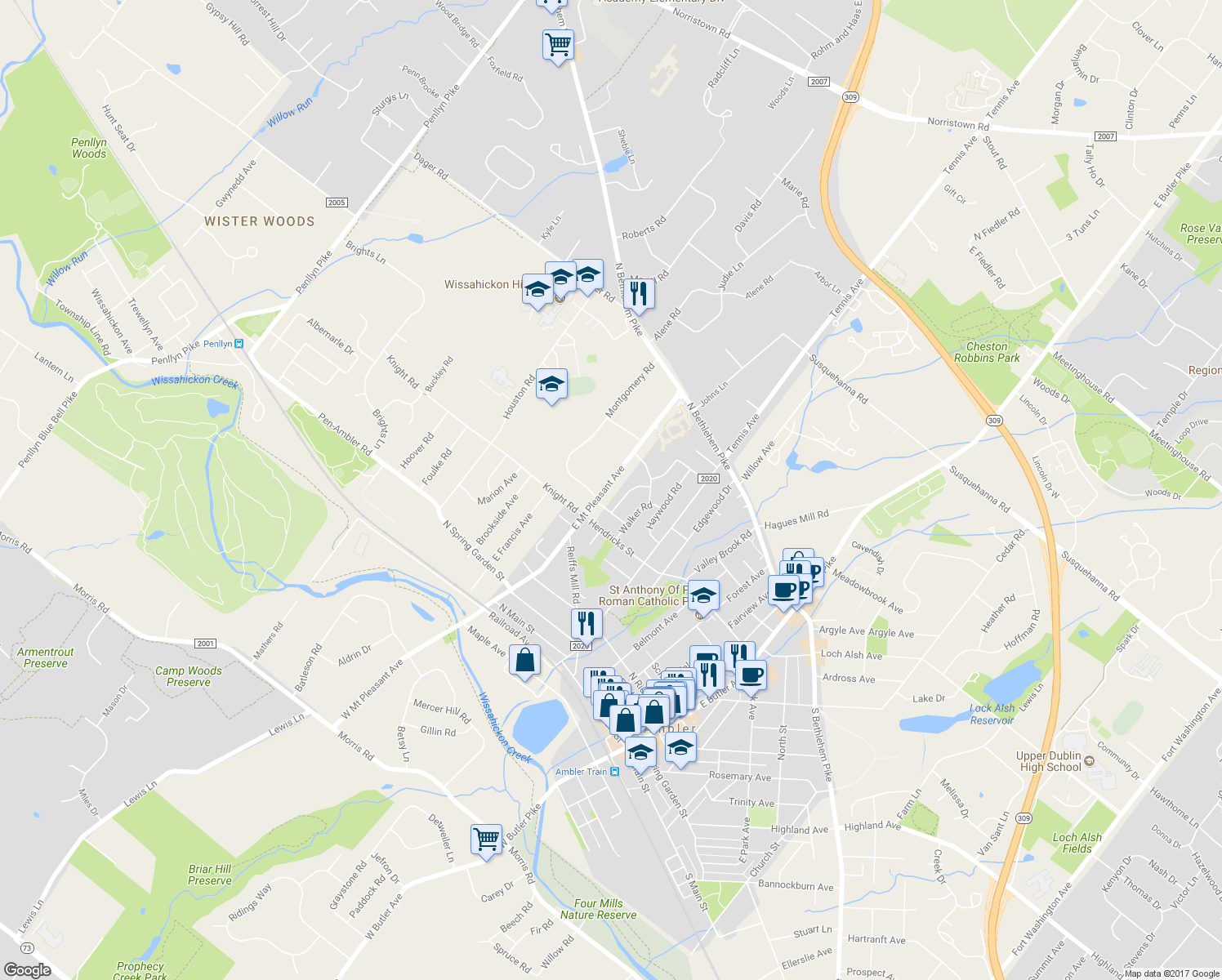 map of restaurants, bars, coffee shops, grocery stores, and more near 316 East Mount Pleasant Avenue in Ambler