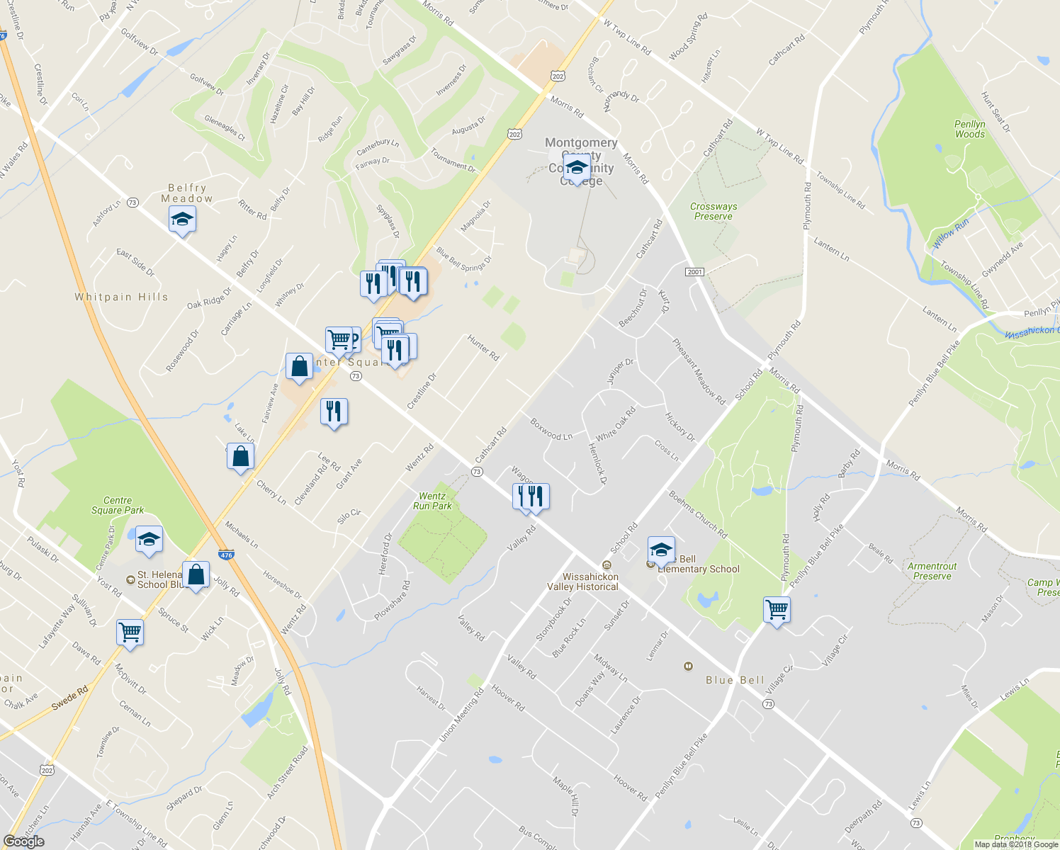 map of restaurants, bars, coffee shops, grocery stores, and more near 1088 Boxwood Lane in Blue Bell