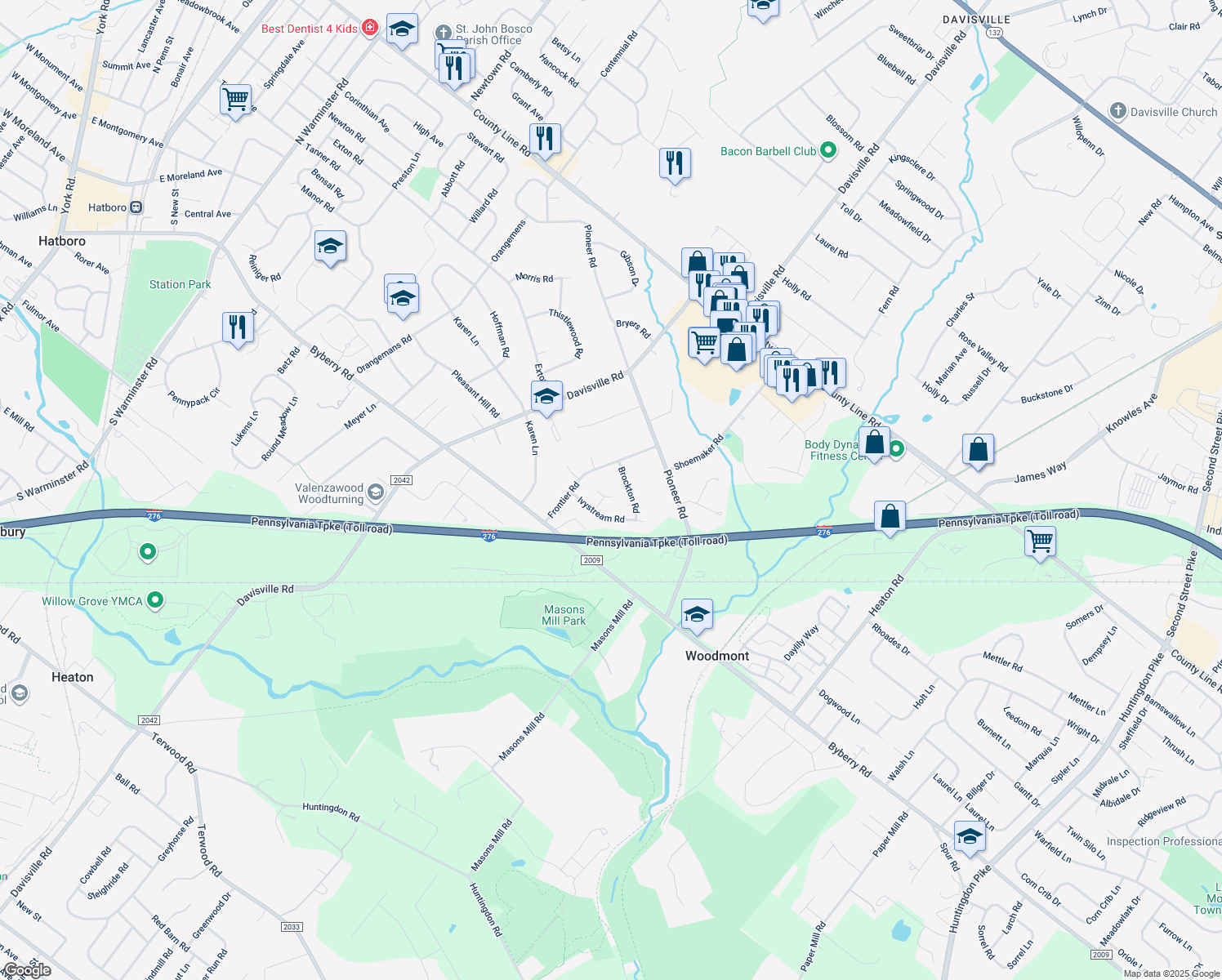 map of restaurants, bars, coffee shops, grocery stores, and more near 3120 Milford Circle in Hatboro