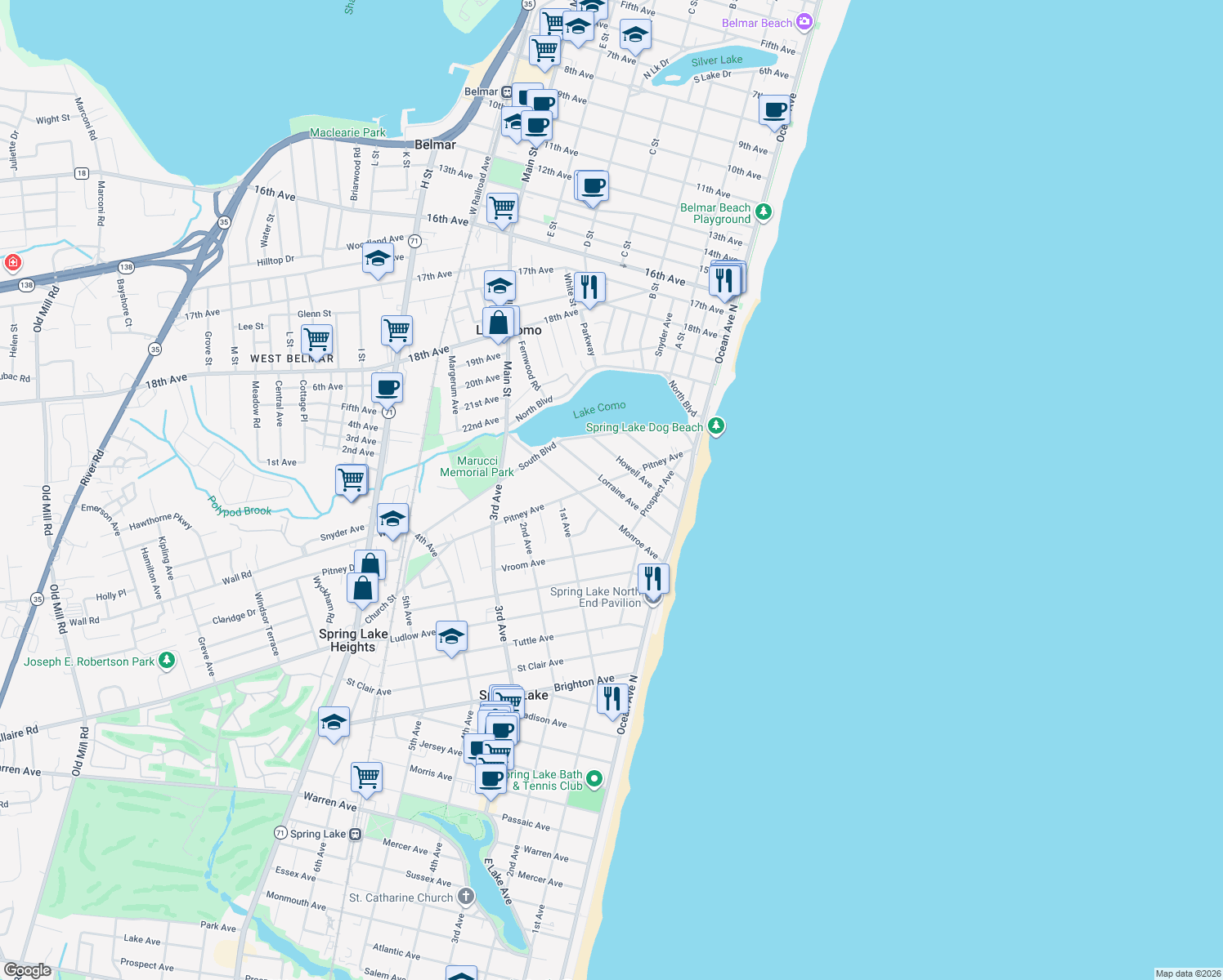 map of restaurants, bars, coffee shops, grocery stores, and more near 121 Lorraine Avenue in Spring Lake