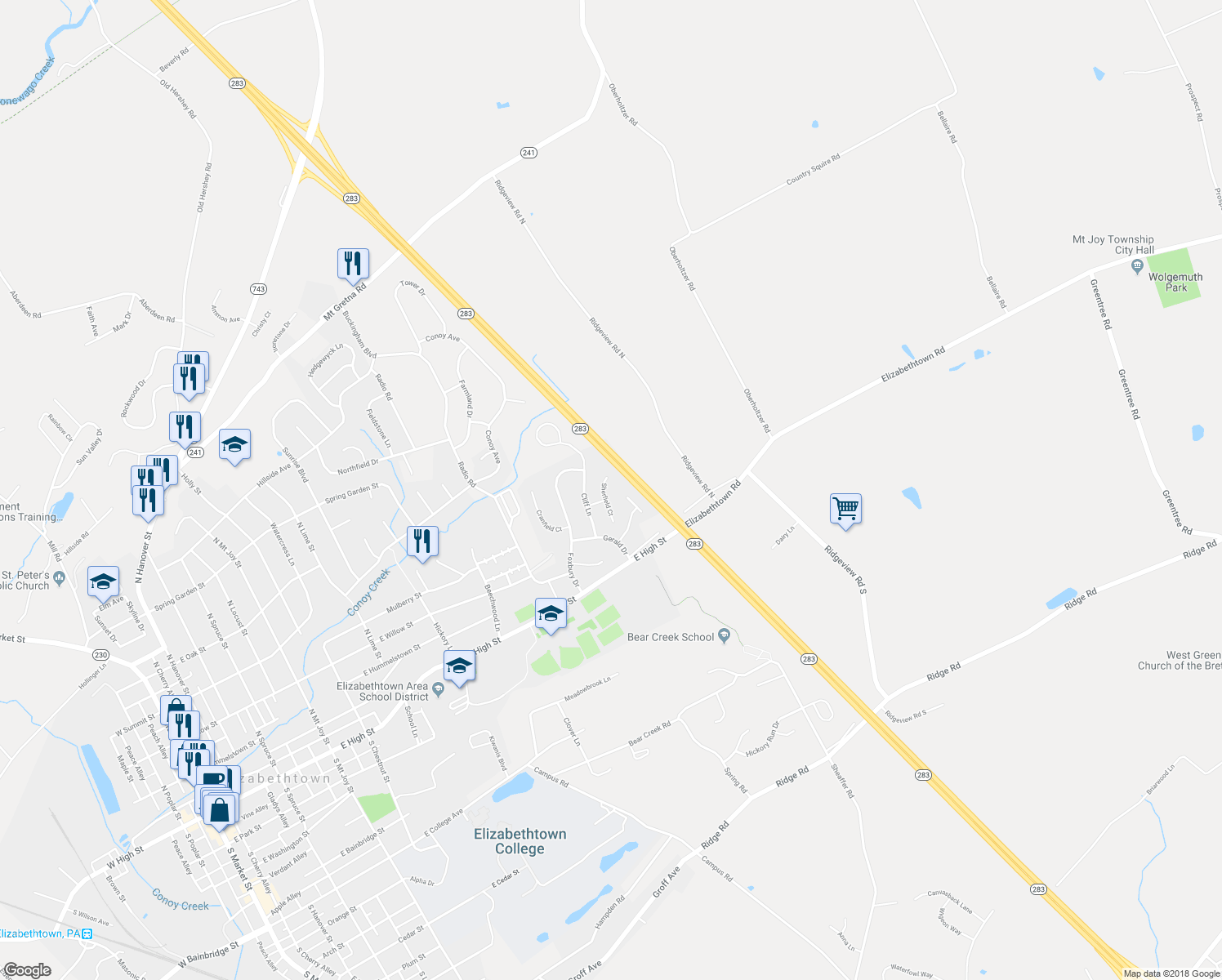 map of restaurants, bars, coffee shops, grocery stores, and more near 137 Sherfield Court in Elizabethtown