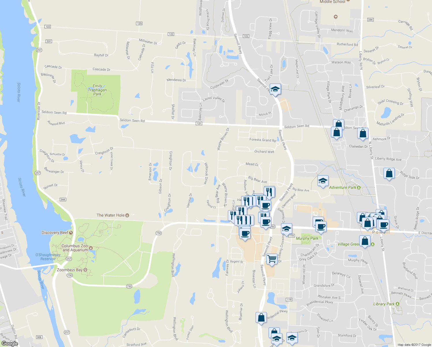 map of restaurants, bars, coffee shops, grocery stores, and more near 9338 Wayne Brown Drive in Powell