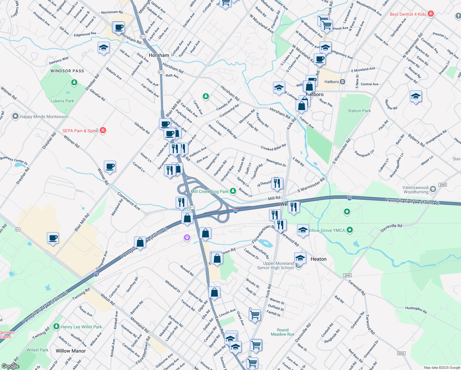 map of restaurants, bars, coffee shops, grocery stores, and more near 127 Bonnet Lane in Hatboro