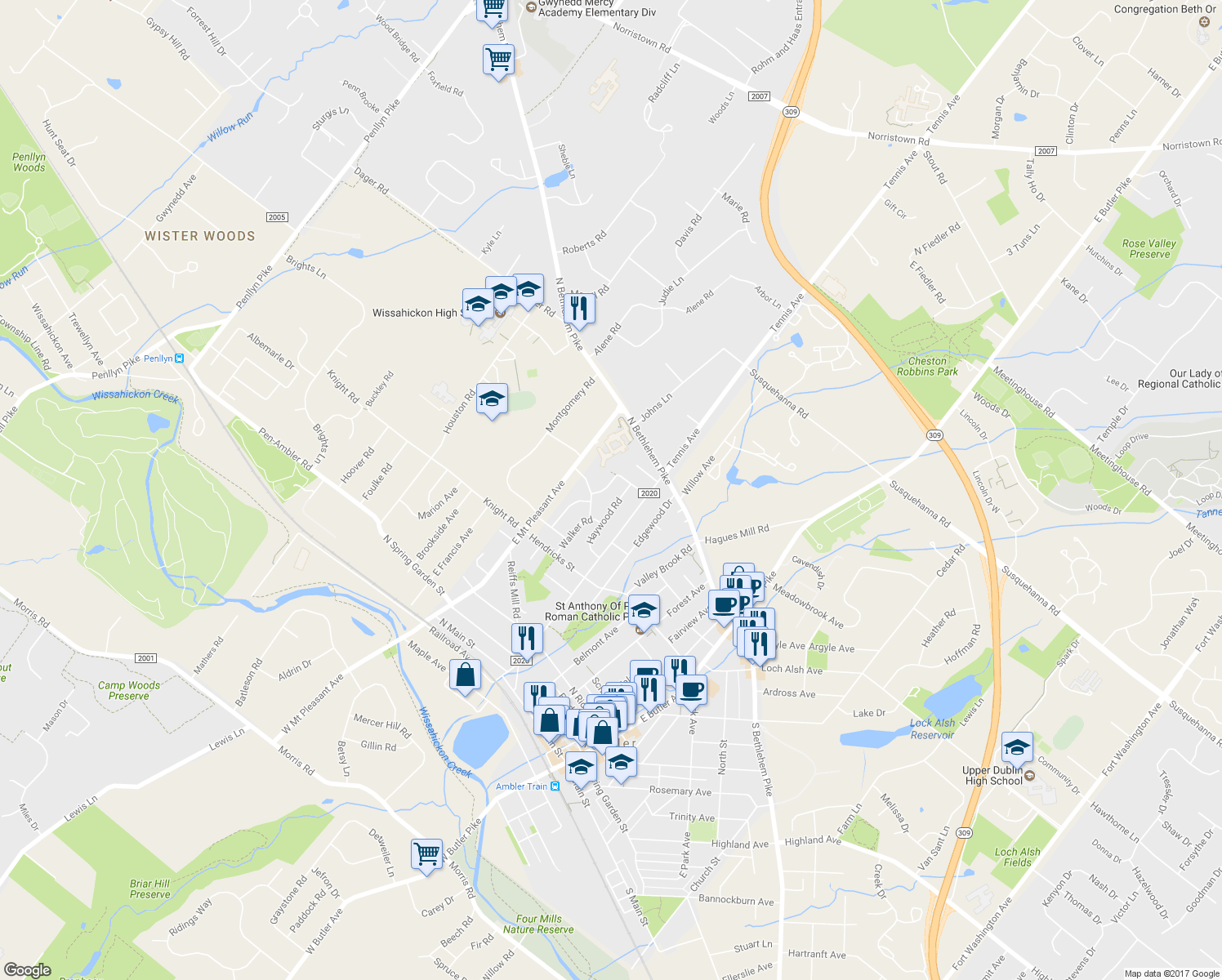 map of restaurants, bars, coffee shops, grocery stores, and more near 410 Artman Road in Ambler