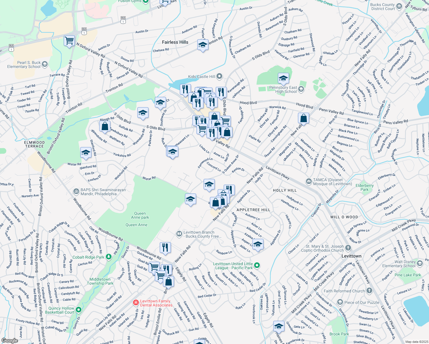 map of restaurants, bars, coffee shops, grocery stores, and more near 513 Hartford Lane in Fairless Hills