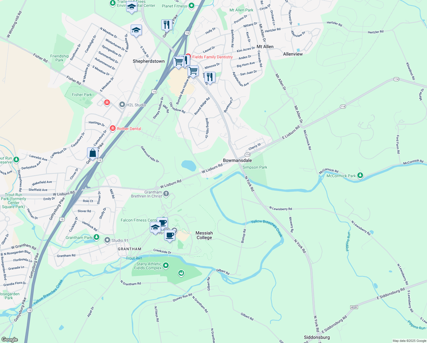 map of restaurants, bars, coffee shops, grocery stores, and more near 123 West Lisburn Road in Mechanicsburg