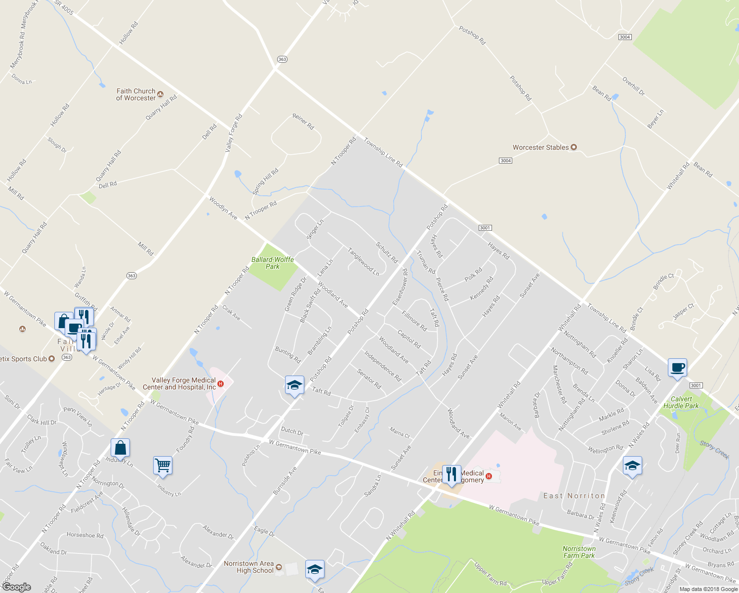 map of restaurants, bars, coffee shops, grocery stores, and more near 3105 Potshop Road in Eagleville