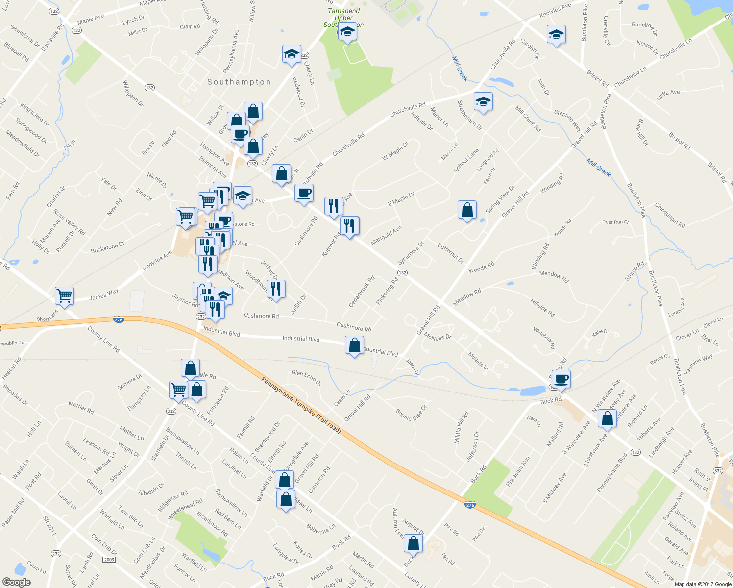 map of restaurants, bars, coffee shops, grocery stores, and more near 613 Cedarbrook Road in Southampton