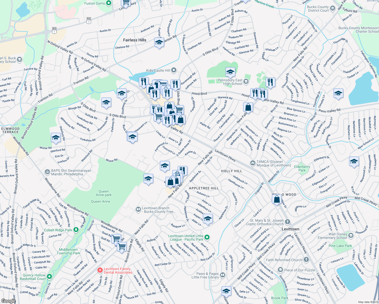 map of restaurants, bars, coffee shops, grocery stores, and more near 622 Keston Drive in Fairless Hills