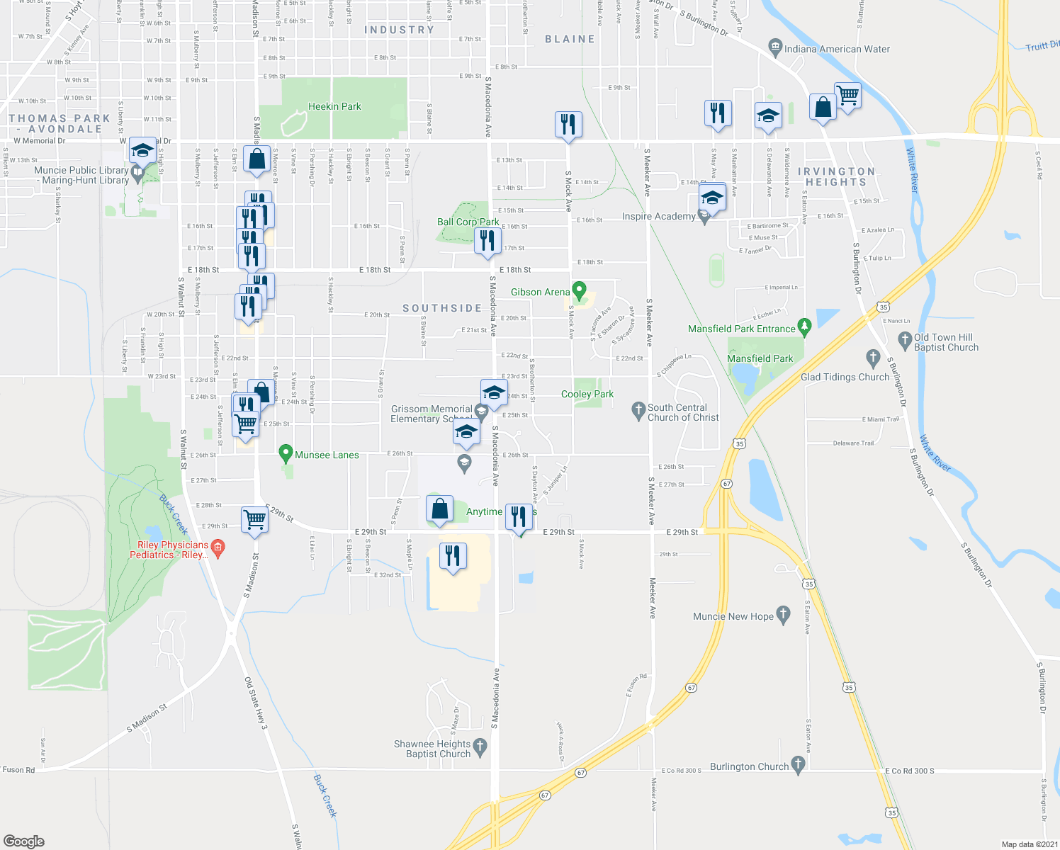 map of restaurants, bars, coffee shops, grocery stores, and more near 3205 South Brotherton Street in Muncie